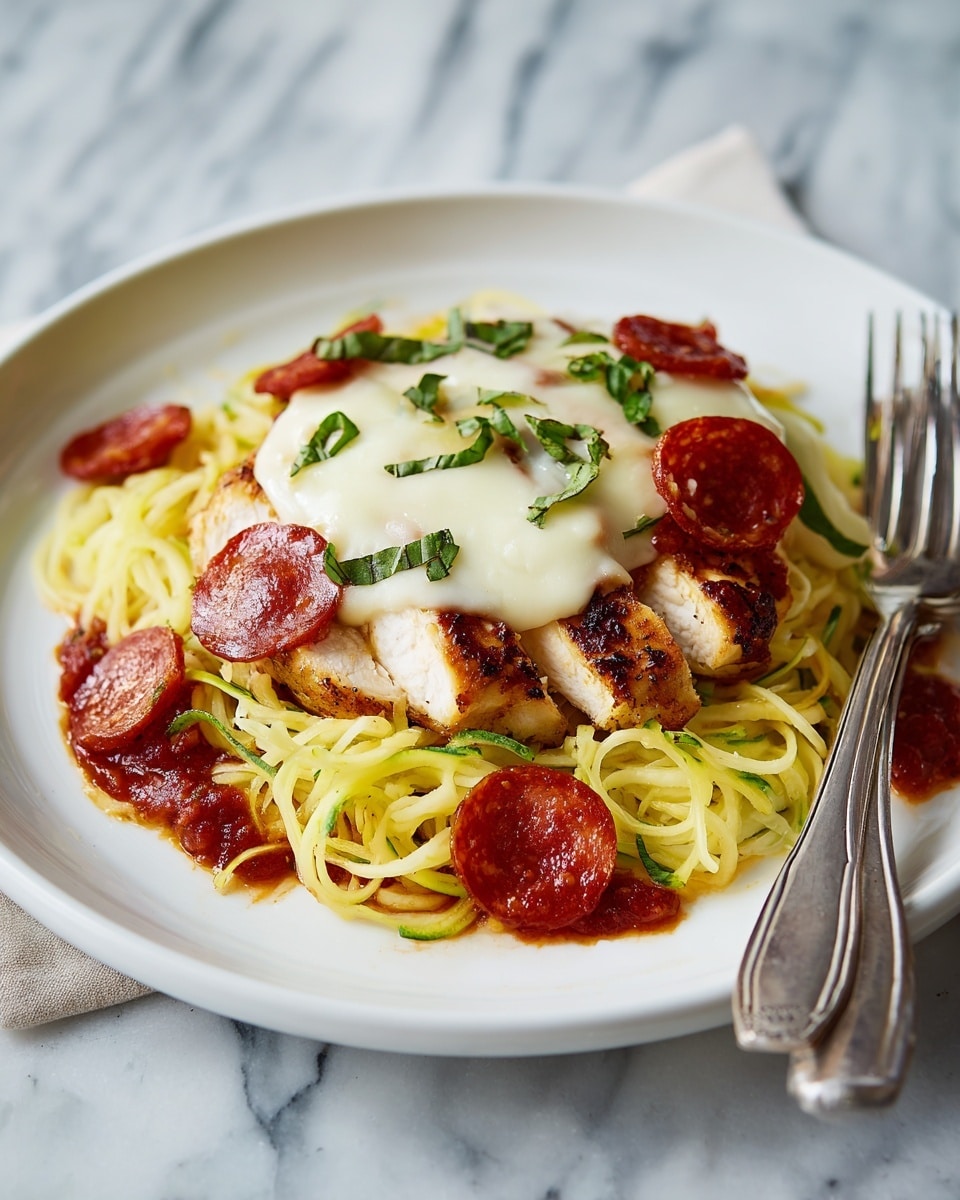 A white plate holds a base layer of pale yellow shredded spaghetti squash with a soft texture. On top of this is a grilled chicken piece with brown char marks and a slightly rough surface. Over the chicken is a thick, smooth layer of red tomato sauce, partially covering the squash. Sitting on the sauce is a dollop of white melted cheese with a creamy texture and some black pepper sprinkled on it. Scattered over the cheese are several small, round, dark red pepperoni slices with a shiny, slightly oily surface. Fresh green basil pieces are sprinkled across the dish, adding a touch of color contrast. The plate sits on a white marbled surface. On the right side of the plate, there is a silver fork and a knife with a black and white handle. Photo taken with an iphone --ar 4:5 --v 7