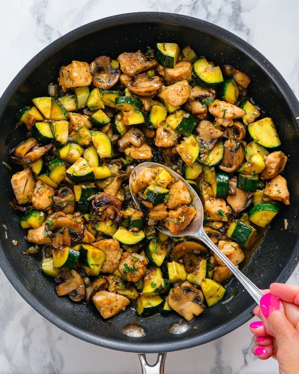A black pan holds a stir-fry dish with three main layers: light brown cooked chicken pieces that are chunky and tender, bright green and yellow sliced zucchini with a slightly soft texture, and dark brown sliced mushrooms with a shiny surface. A woman's hand with pink nail polish holds a silver spoon above the pan, scooping a mix of all three ingredients. The surface under the pan is a white marbled texture. photo taken with an iphone --ar 4:5 --v 7