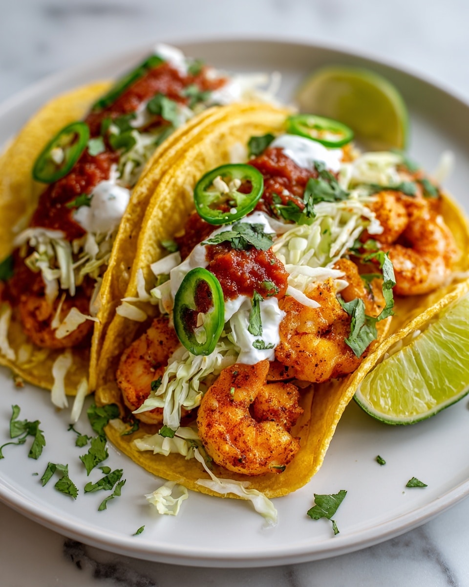 The image shows a close-up of a shrimp taco with three yellow corn tortillas folded in a row on a white plate. Each taco is filled with one or two cooked shrimp that are orange with a light spice coating. Above the shrimp, there is a layer of finely shredded white cabbage, topped with a ring of sliced green jalapeño and small pieces of fresh green cilantro. On top, there are dollops of white sour cream and bright red chunky salsa. To the right of the tacos, there is a wedge of lime. The white plate sits on a white marbled surface with a slight shadow, and some small bits of cilantro are scattered around. Photo taken with an iphone --ar 4:5 --v 7