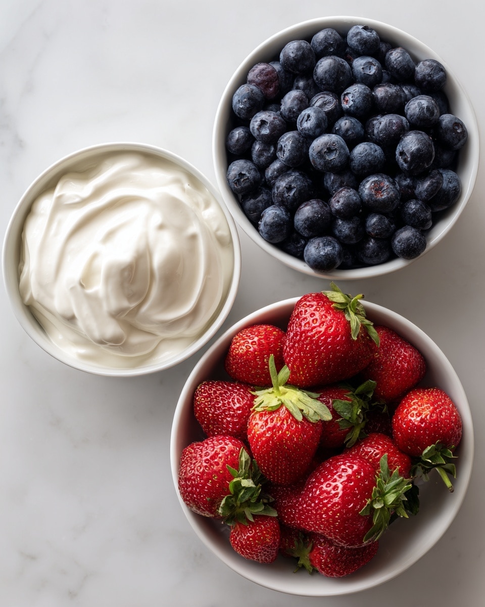 The image shows three white bowls placed on a white marbled surface. The top left bowl contains smooth, creamy Greek yogurt with soft swirls visible on the surface. The top right bowl is full of small, round blueberries in dark blue and purple shades, tightly packed together. The bottom bowl holds fresh, bright red strawberries with green leafy tops, some slightly larger and others smaller, filling the bowl nicely. The arrangement forms a triangle from above, with the different colors and textures contrasting well. Photo taken with an iphone --ar 4:5 --v 7