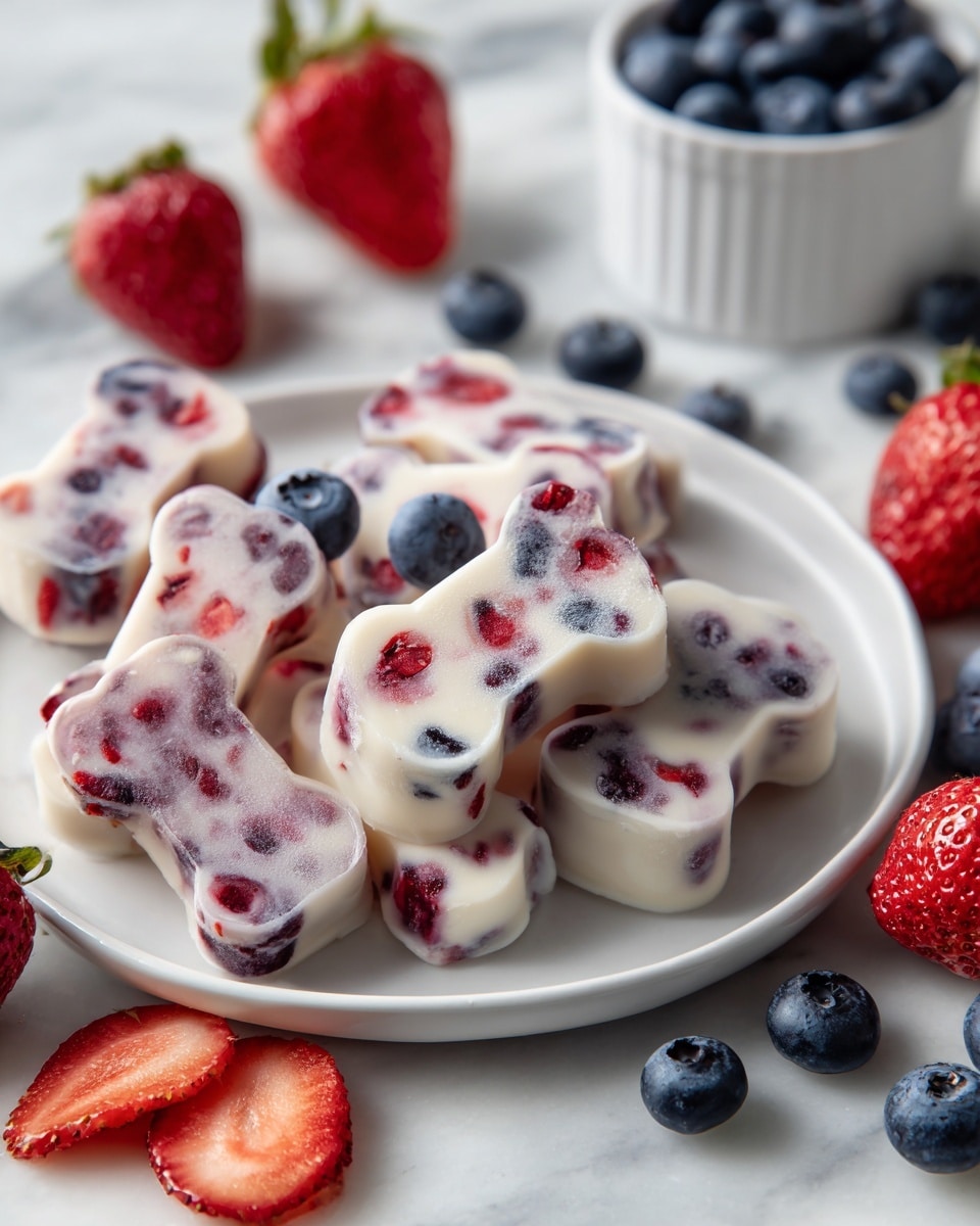 The image shows a white plate filled with small frozen treats shaped like bones. Each treat has three visible layers: the base layer is a smooth, creamy white, mixed with whole blueberries that add dark blue spots, and pieces of red strawberries that give a bright red color. The frozen treats have a frosty texture, and the berries inside create a speckled effect of red and blue against the white creamy layer. Around the plate, there are fresh whole and sliced strawberries and blueberries scattered on a white marbled surface, and a white bowl filled with blueberries is visible in the background. photo taken with an iphone --ar 4:5 --v 7