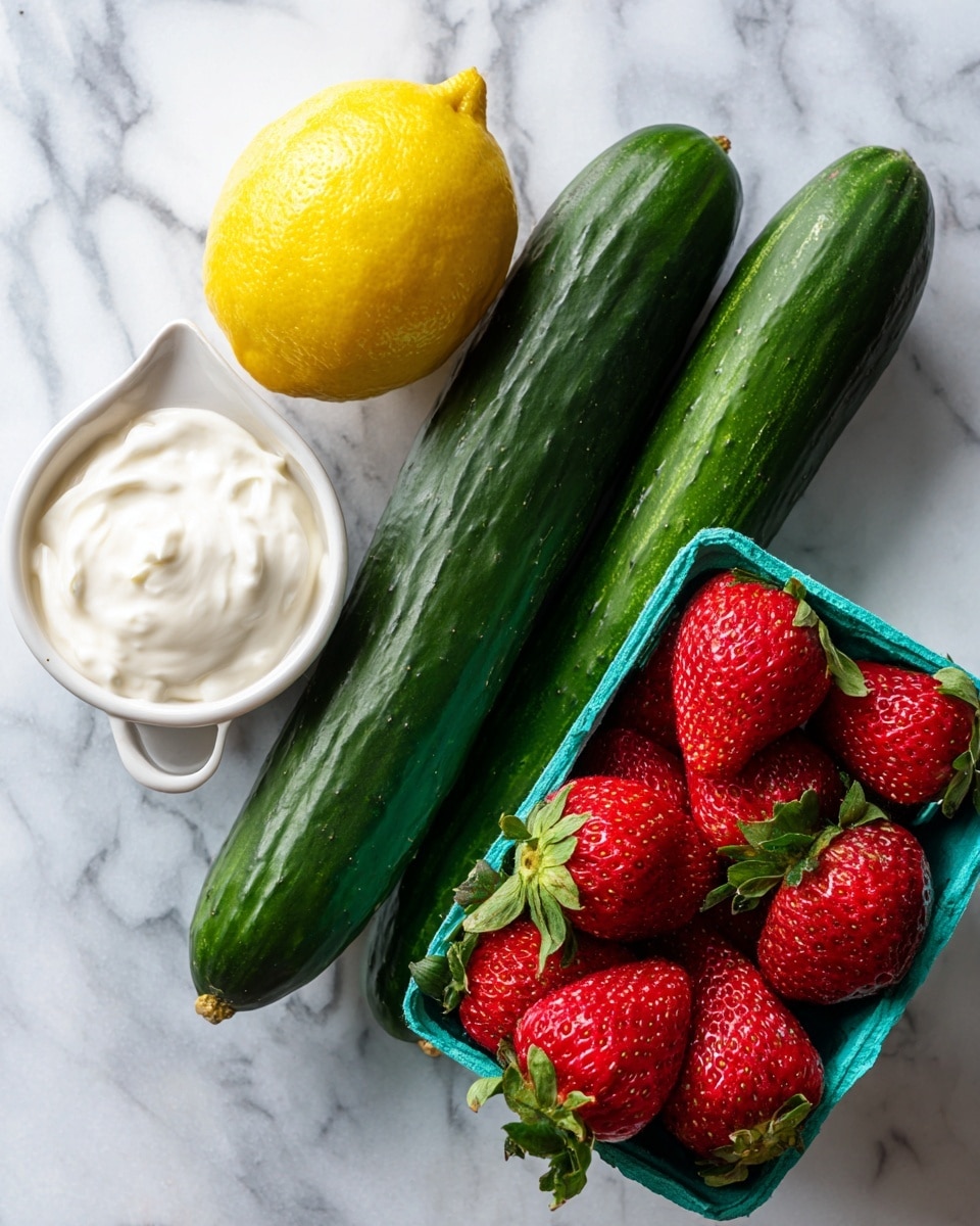A group of fresh ingredients sits on a white marbled surface, including two long, dark green cucumbers placed side by side, a bright yellow lemon near the cucumbers, a small white metal measuring cup filled with creamy white yogurt in the lower left, and a teal plastic basket full of shiny, red strawberries with green leafy tops on the right. The colors are bright and natural with the green and red standing out against the white marbled surface. photo taken with an iphone --ar 4:5 --v 7