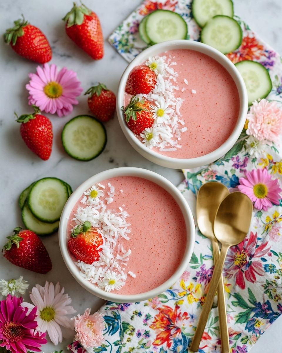 Two white bowls filled with a pink creamy smoothie topped with white shredded coconut pieces. The bowls are placed on a colorful floral cloth on a white marbled surface. Around the bowls, there are fresh strawberries, slices of cucumber, and small pink and white flowers. Two golden spoons lie next to the bowls on the cloth. The image has a bright and fresh look, photo taken with an iphone --ar 4:5 --v 7