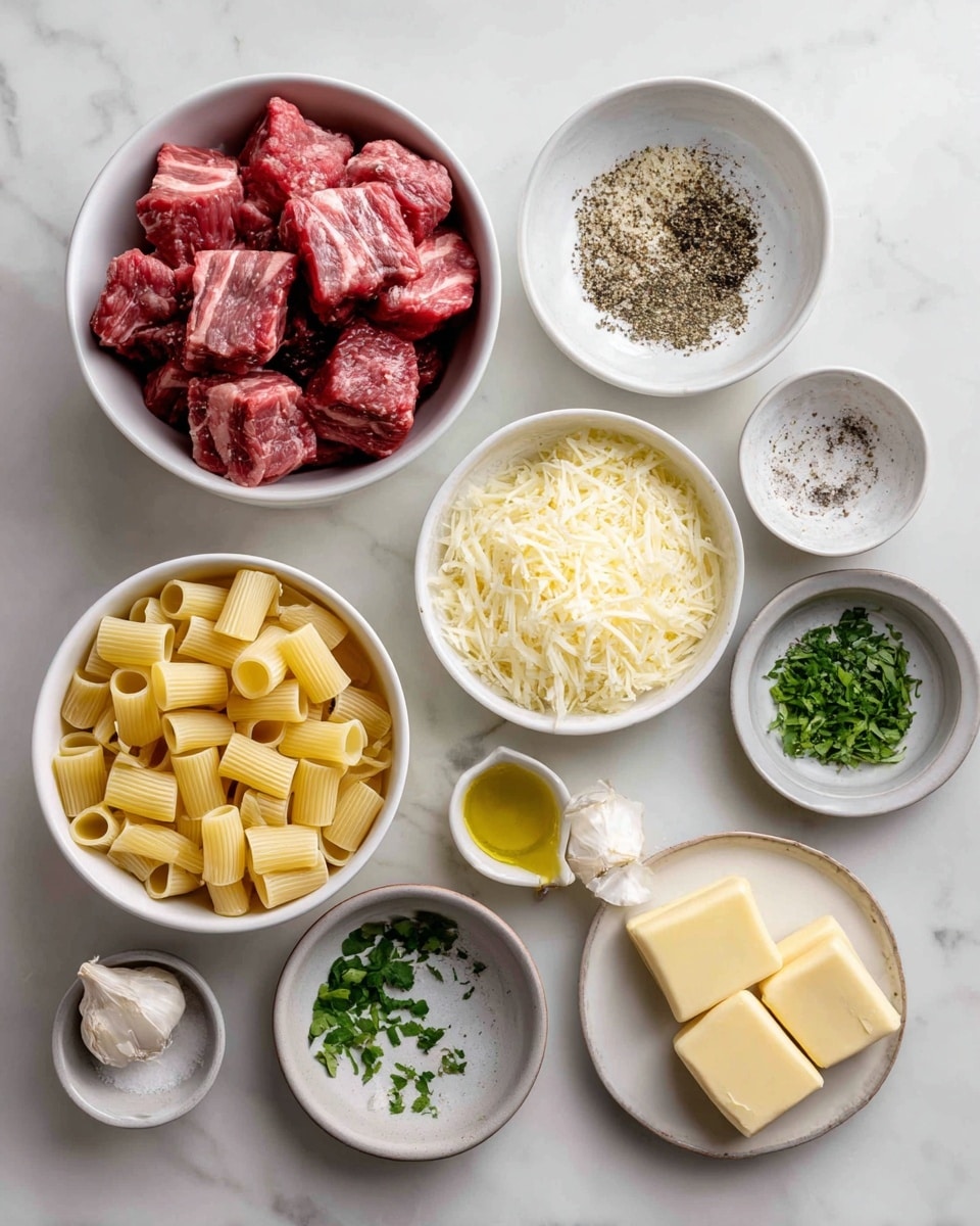 The image shows eight white bowls and dishes arranged on a white marbled surface, each holding different ingredients. In the top left bowl, there are large, raw red meat chunks with visible marbling. To its right is a small white bowl filled with coarse black pepper. Further right is a bowl packed with finely grated pale yellow cheese. Below these, a small white dish holds olive oil with a single garlic clove inside, next to a whole garlic bulb. Moving down, there is a white bowl filled with uncooked short pasta tubes in a pale yellow color. To its right is a small dish with salt and pepper. Nearby is a bowl with chopped fresh green herbs. On the far right, there is a white plate with three rectangular pale yellow butter sticks. Finally, a small gray bowl contains some fine white salt. Photo taken with an iphone --ar 4:5 --v 7