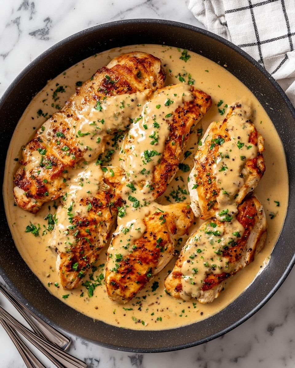 A black pan holds five pieces of golden-brown chicken layered with a smooth, creamy beige sauce that spreads around and slightly under the meat. The sauce has small dark specks of pepper and is garnished with small green parsley flakes scattered evenly on top. The pan sits on a white marbled surface with a folded white and black checkered cloth on the upper right side and parts of two silver kitchen utensils visible at the bottom left. photo taken with an iphone --ar 4:5 --v 7