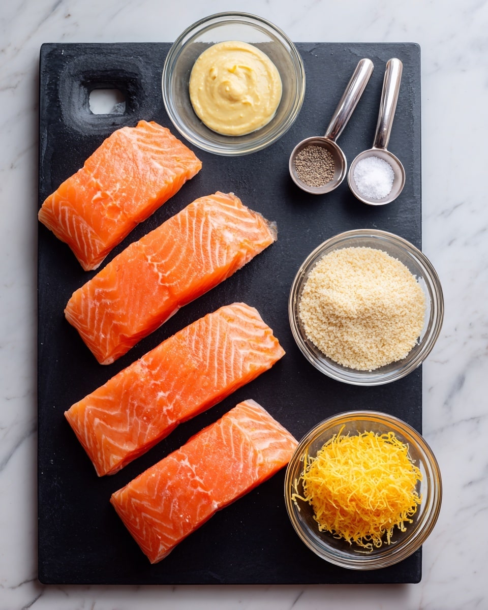 The image shows a black cutting board on a white marbled surface with four raw salmon fillets, each a bright orange-pink color with visible natural lines and texture. Above the salmon, there are two small clear glass bowls: the left one contains thick, light yellow Dijon mustard, and the right one has a creamy, melted butter with a soft texture. To the right of these bowls, two metal measuring spoons hold white salt and black pepper, labeled as seasoning. On the far right, there are two more clear glass bowls stacked vertically: the upper one contains pale beige panko breadcrumbs with a coarse texture, and the lower one holds bright yellow lemon zest with a fine, shredded texture. Photo taken with an iphone --ar 4:5 --v 7