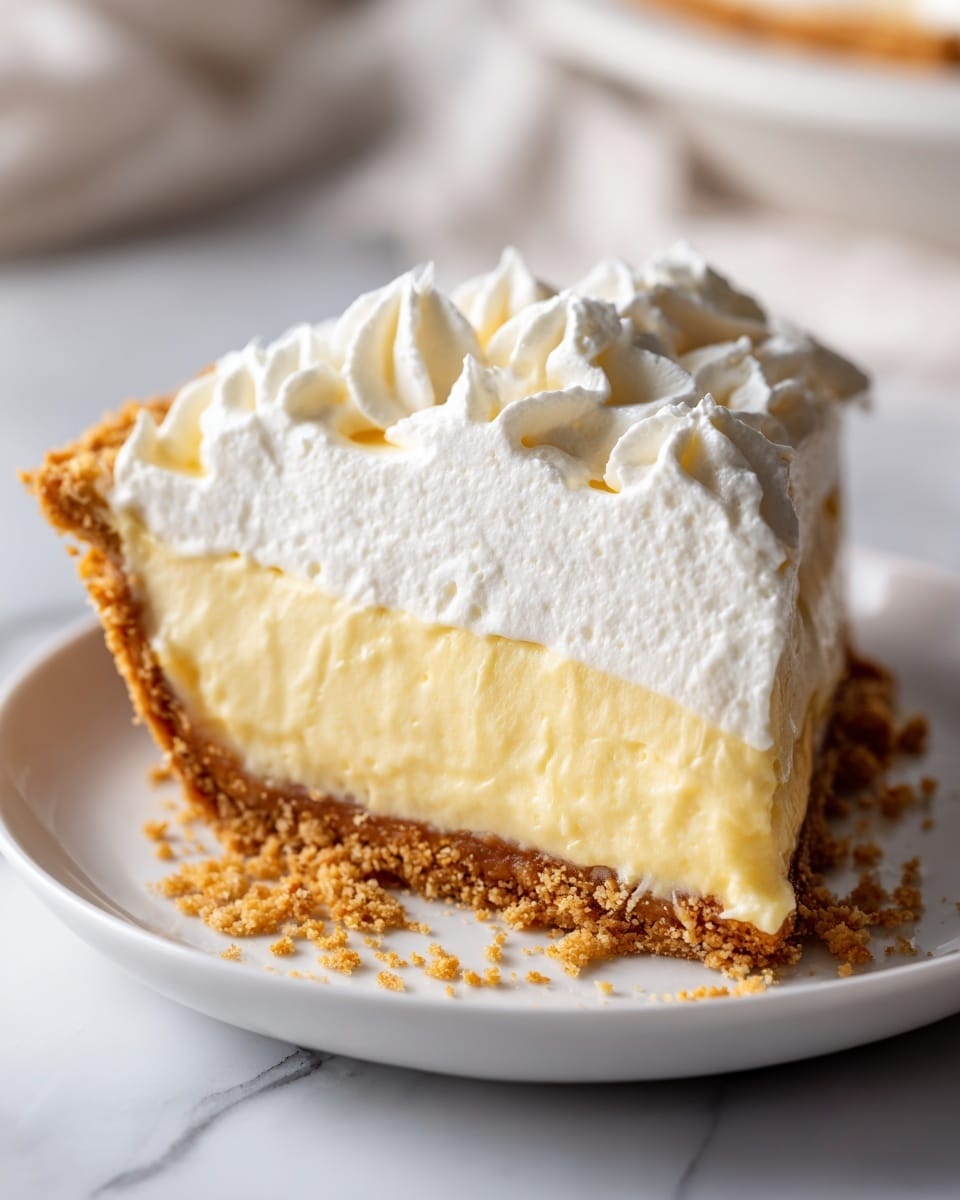 A close-up view of a slice of pie on a white plate resting on a white marbled surface. The pie has three visible layers: the bottom layer is a crumbly, golden-brown crust; the middle layer is a creamy, light yellow filling with a smooth yet slightly textured look; the top layer is a thick, fluffy white whipped topping with soft peaks. The pie slice is slightly messy with some filling spilling over the crust edges. Photo taken with an iphone --ar 4:5 --v 7