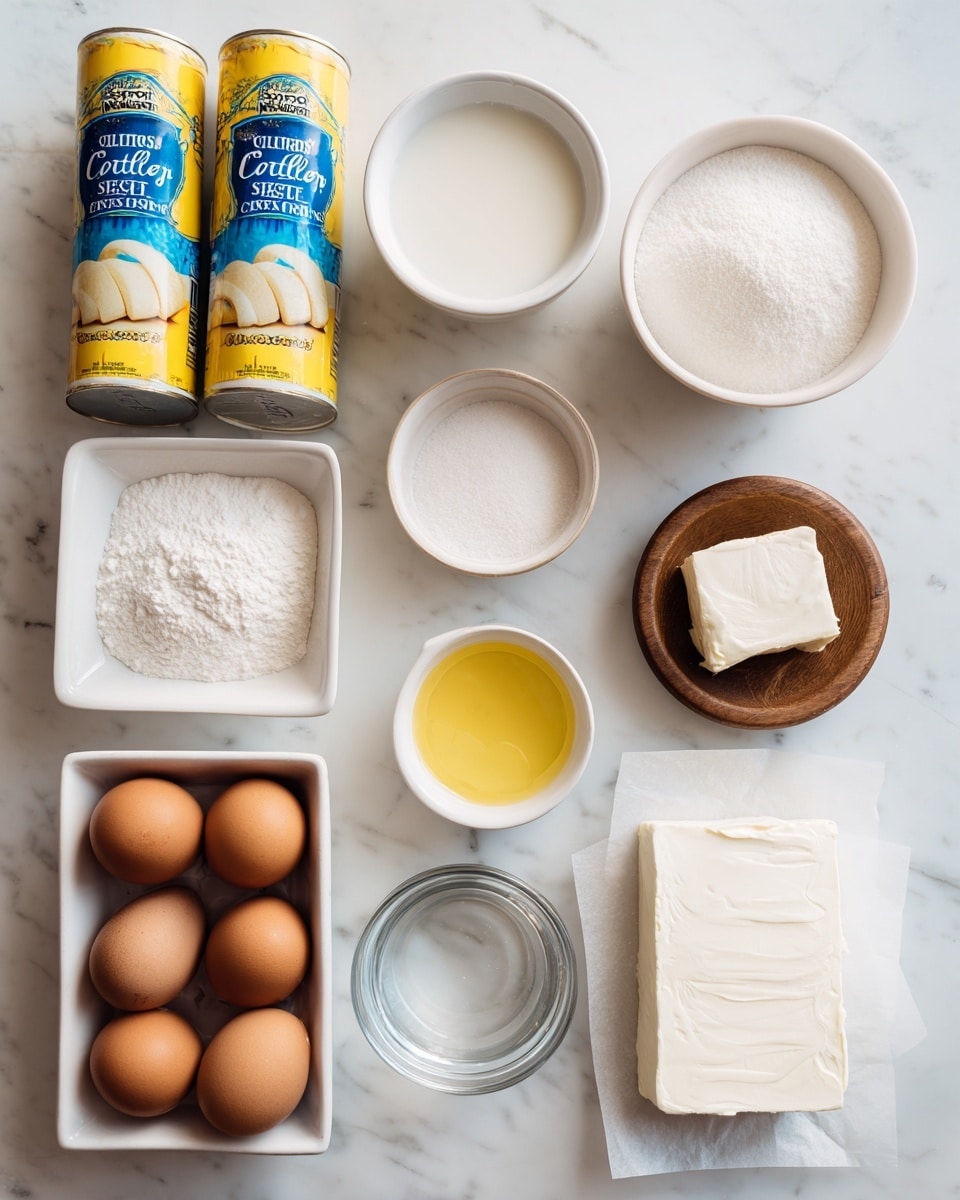 The image shows ingredients neatly arranged on a white marbled surface. At the top left, there are two cans of Pillsbury crescent rolls standing upright with a blue and yellow design. To the right, a small white bowl holds 2 tablespoons of milk. Below that, a square wooden bowl is filled with white granulated sugar. In the center, small white bowls hold 1 teaspoon lemon juice and 1.5 teaspoons vanilla, while a round wooden bowl contains 1/2 cup powdered sugar. On the left bottom, a white rectangular dish holds 6 brown eggs. Next to that, a small clear glass bowl contains 1 tablespoon of water. On the right, two white blocks of cream cheese rest on parchment paper. Each ingredient is clearly labeled with bold black text. The whole setup is bright and clean. Photo taken with an iphone --ar 4:5 --v 7