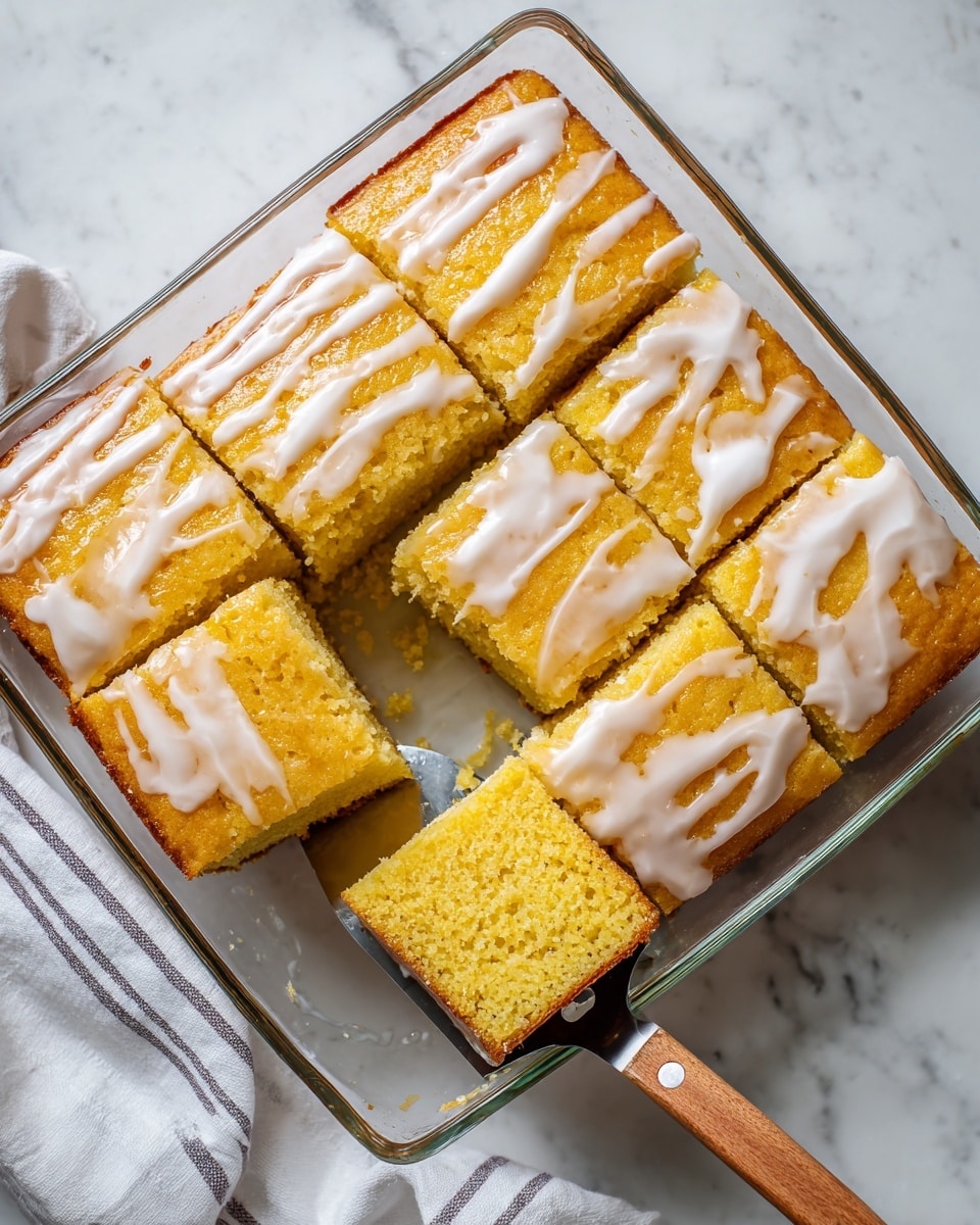 The image shows a clear rectangular glass baking dish with a baked yellow cake inside, lightly browned on top with a shiny white icing layer drizzled unevenly across its surface. The cake is cut into nine square pieces, with one piece lifted out by a spatula with a wooden handle, showing a soft, moist texture. The dish is placed on a white marbled surface, and a white towel with stripes is partially visible in the bottom left corner. The overall look is warm and fresh, with the cake’s golden color contrasting nicely with the white icing. photo taken with an iphone --ar 4:5 --v 7