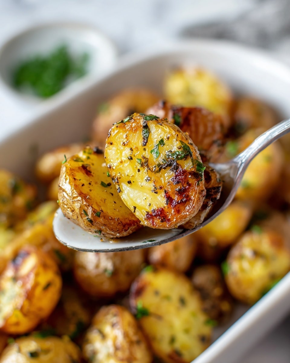 The image shows a close-up of golden brown roasted baby potatoes with a crispy skin, some cut in half to show a soft yellow inside. The potatoes are sprinkled with green herbs and black pepper flakes, giving them a textured look. They are held on a metal spoon above a white bowl filled with more roasted potatoes, all resting on a white marbled surface. Photo taken with an iphone --ar 4:5 --v 7