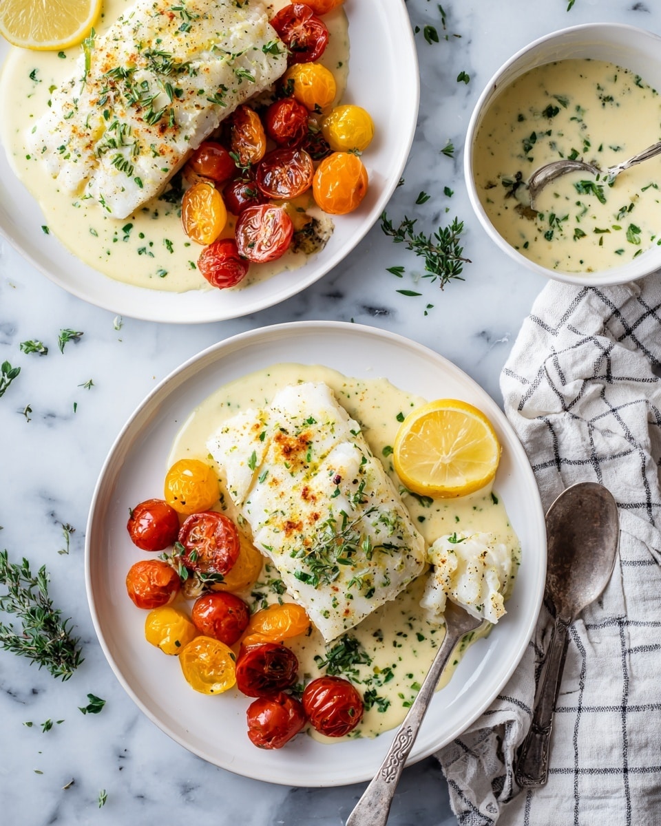 The image shows two white plates on a white marbled surface. Each plate has two main layers: a bottom layer of light, flaky grilled white fish with some golden-brown spots, and a top layer of creamy, pale yellow sauce with green herbs sprinkled around. Next to the fish on each plate is a small pile of halved cherry tomatoes in red and orange colors, garnished with chopped green herbs. A lemon wedge sits on the side of each plate, one with a silver fork partly touching the fish. A small white bowl filled with the same creamy sauce and a spoon is visible in the upper right corner, next to a white and gray checked cloth. Small green herb pieces are scattered around on the surface. Photo taken with an iphone --ar 4:5 --v 7
