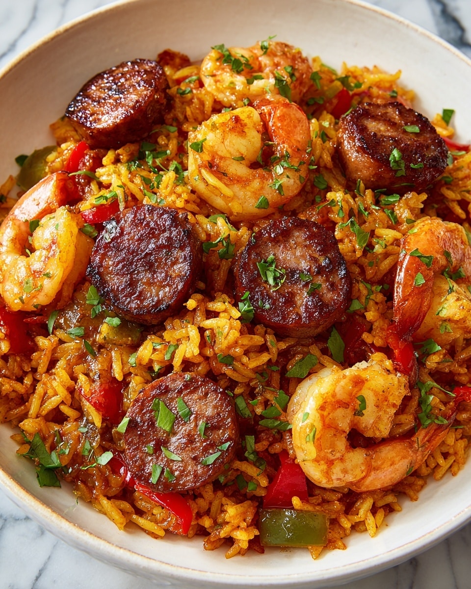 The dish shows a close-up view of a mixed layer of golden-orange rice cooked with small pieces of red and green bell peppers mixed throughout. Scattered on top are light pink shrimp with a slight gloss, and round slices of browned sausage with a well-seared surface, giving a rich brown color. The whole mixture is sprinkled with chopped green herbs, adding a fresh touch. The texture is a mix of soft rice grains, firm shrimp, and glossy sausage pieces on a white marbled surface. Photo taken with an iphone --ar 4:5 --v 7