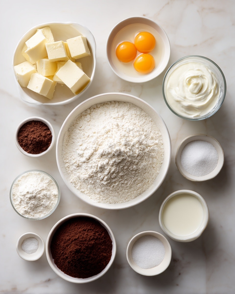 The image shows eleven white bowls arranged neatly on a white marbled surface. The largest bowl in the center is filled with white flour, slightly textured and powdery. Surrounding it are smaller bowls with different baking ingredients: one bowl contains light yellow butter cut into small cubes; another has two raw eggs with bright orange yolks floating in clear egg whites; a bowl of dark brown sugar shows a soft, crumbly texture; a bowl with fine white granulated sugar appears smooth; there is a small bowl filled with dark brown cocoa powder with a soft, velvety surface; a glass bowl holds thick white yogurt with a creamy texture on the top right; a bowl with white milk shows a smooth, liquid surface; and several tiny bowls contain white baking powders or salts with fine grainy textures. The setup is clean, bright, and orderly, with soft natural light. photo taken with an iphone --ar 4:5 --v 7
