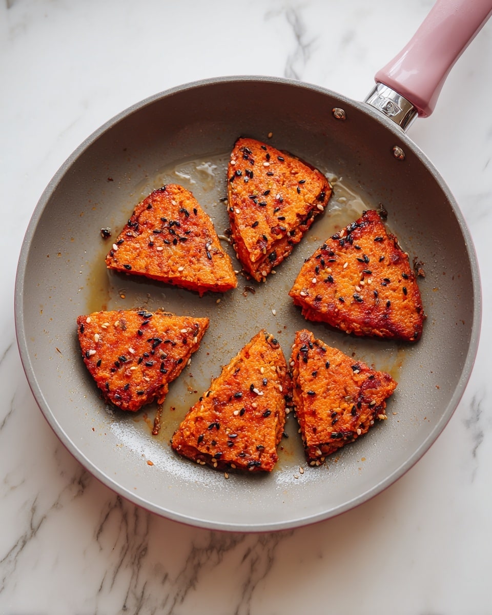 There is a grey pan with pink handles placed on a white marbled surface. Inside the pan, five triangular-shaped patties are frying evenly spaced. Each patty is reddish-orange with some dark brown crispy spots, showing a textured surface with small sesame seeds and bits of ingredients mixed inside. The pan has a slight gleam of oil around the patties, giving them a lightly shiny look. The edges of the patties are slightly browned, showing they are cooked on a hot surface. photo taken with an iphone --ar 4:5 --v 7