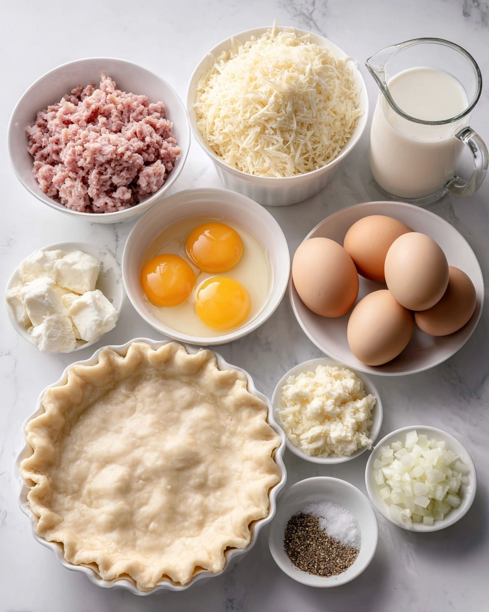 The image shows ingredients for a pie neatly arranged on a white marbled surface. In the bottom left is a raw pie crust with a scalloped edge in a white dish. Above it, there is a white bowl filled with small bits of pink meat. Next to that is a white bowl holding a mound of shredded pale yellow cheese. To the right and slightly behind are four whole brown eggs resting on a white dish, with a white bowl beside it containing six raw yellow eggs yolks and egg whites. Above the egg yolks is a glass measuring cup filled with white milk. In the front right corner are small white bowls holding chopped white onions, ground black pepper, salt, and minced yellow garlic. The whole setup is bright and clean, arranged in a simple, clear way. photo taken with an iphone --ar 4:5 --v 7
