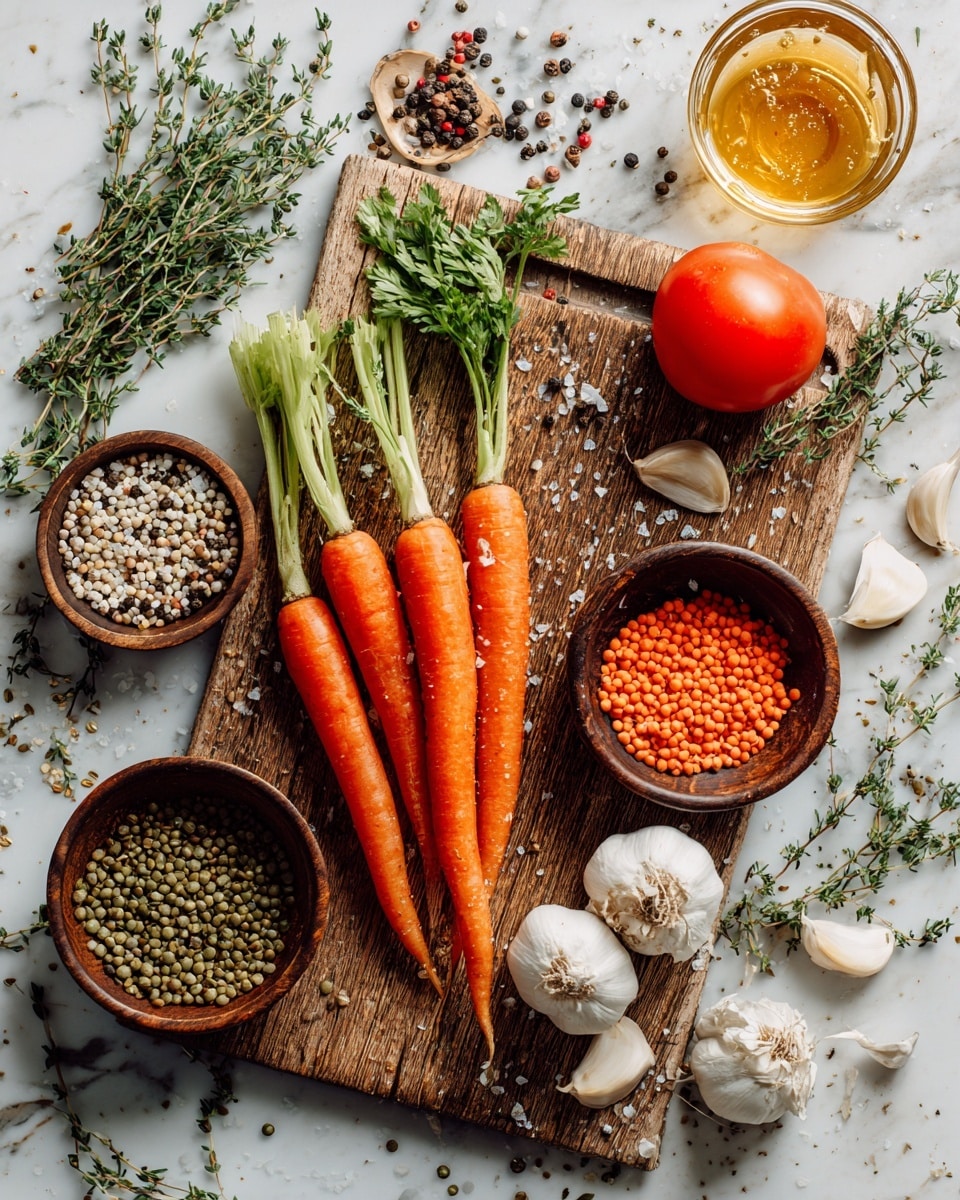 A wooden cutting board set on a white marbled surface holds a colorful arrangement of fresh ingredients including two bright orange carrots with green tops near the center, one round red tomato to their upper right, and two heads of white garlic bulbs with peeled cloves scattered around the bottom right. There are three small bowls in dark brown wood: one filled with green lentils near the center left, another with mixed peppercorns above it, and one with red lentils at the top right. A glass bowl with golden honey or syrup sits in the upper middle. Fresh green celery stalks and leafy herbs are placed on the upper left and middle left sides with sprigs of thyme scattered over the board. Photo taken with an iphone --ar 4:5 --v 7