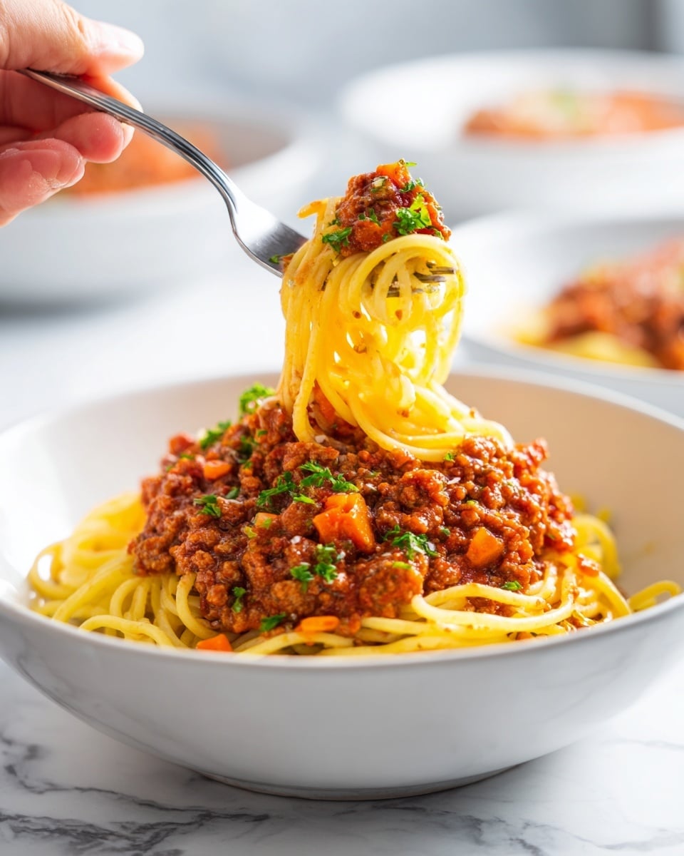 A white bowl filled with a base layer of thick yellow spaghetti noodles, topped with a chunky reddish-brown meat sauce with visible small pieces of vegetables like orange carrots and green herbs scattered on the surface. A woman's hand is holding a fork lifting a small bundle of noodles covered with the sauce above the bowl. The bowl sits on a white marbled surface, and the background is softly blurred with another white bowl faintly visible. photo taken with an iphone --ar 4:5 --v 7
