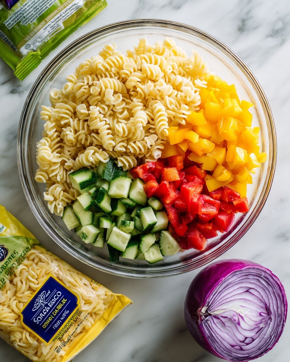 A clear glass bowl sits on a white marbled surface, filled with four distinct layers of ingredients: pale yellow curly pasta in the center, chopped green cucumbers in the upper right, small red bell pepper pieces in the upper left, and yellow bell pepper pieces in the lower left. Next to the bowl on the right is a half of a purple onion with visible layers. Below the bowl, there is a green package of Italian style shredded cheese and a yellow packet of zesty Italian salad dressing mix. Photo taken with an iphone --ar 4:5 --v 7