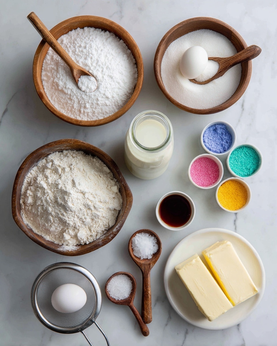 The image shows an arrangement of baking ingredients on a white marbled surface. There are four wooden bowls: one filled with white granulated sugar with a small wooden spoon on top, another with white flour and a metal scoop inside, a smaller bowl with a white egg, and another bowl with powdered sugar and a sieve resting on it. A clear glass bottle holds creamy milk, and several small containers of colorful gel food coloring are grouped together. A white dish holds a stick of butter, and two small wooden spoons each contain vanilla extract and salt. All ingredients have clear black text labels describing their amounts and names. Photo taken with an iphone --ar 4:5 --v 7