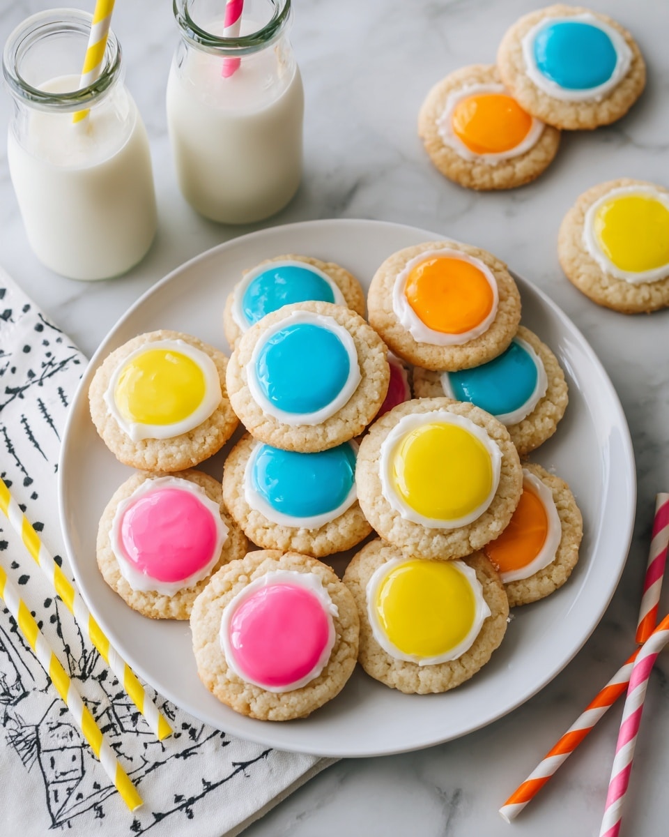 A white round plate is filled with about a dozen soft, round cookies, each with a smooth, shiny circle of icing in the center. The icing colors vary and include bright blue, yellow, pink, and orange, each sitting flat and glossy on the light beige cookie base. Around the plate, more cookies rest on a white marbled surface. Two small clear glass bottles of milk with colorful striped straws are placed near the top left, and several additional striped straws in yellow, pink, orange, and blue lie near the bottom right. At the edges, a white cloth with a black pattern is partly visible. Photo taken with an iphone --ar 4:5 --v 7
