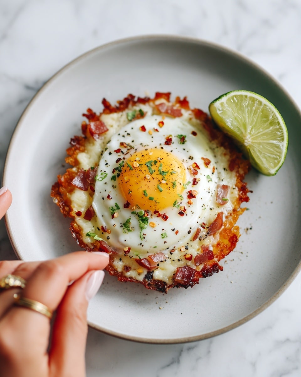 A white plate on a white marbled surface holds a crispy round base that looks golden brown and crunchy. On top of this base is a creamy white layer, speckled with red flakes and black pepper. Centered on this layer is a cooked egg with a soft yolk and slightly browned edges. A lime wedge sits at the back right side of the plate. A woman's hand is reaching towards the food from the top left side of the image. Photo taken with an iphone --ar 4:5 --v 7