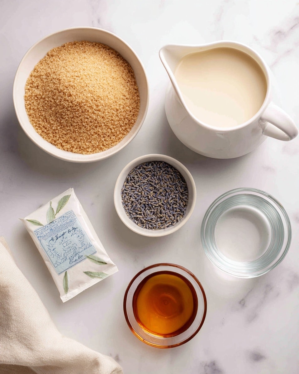 The image shows seven items arranged on a white marbled surface. At the top center, there is a white bowl filled with light brown cane sugar with a grainy texture. To the right, there is a white pitcher filled with creamy oat milk. Below the sugar bowl, at bottom right, a small clear glass bowl holds amber-colored vanilla extract, smooth in texture. Near the center, a flat Earl Grey tea packet with a white and blue design and green leaf illustrations lies flat. At the bottom left, another small clear glass bowl contains small dried lavender buds that are purple-gray. Next to the lavender, there is a white bowl with clear water. A light beige cloth is partly visible at the bottom left corner of the image. photo taken with an iphone --ar 4:5 --v 7
