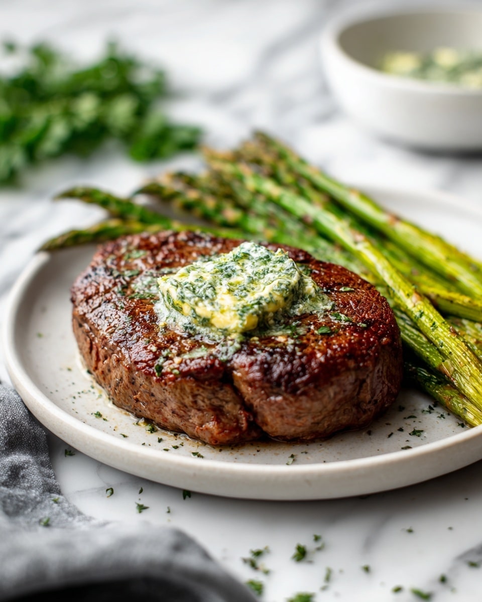 A thick, round steak with a brown, slightly crispy outside sits center on a white plate, topped with a dollop of green herb butter melting slowly on its surface. Behind the steak are bright green asparagus spears, neatly aligned and slightly glossy. The plate is on a white marbled surface with scattered bits of herbs, and a gray cloth napkin appears in the bottom left corner. In the background, a blurred white bowl and some green herbs add a fresh touch. photo taken with an iphone --ar 4:5 --v 7