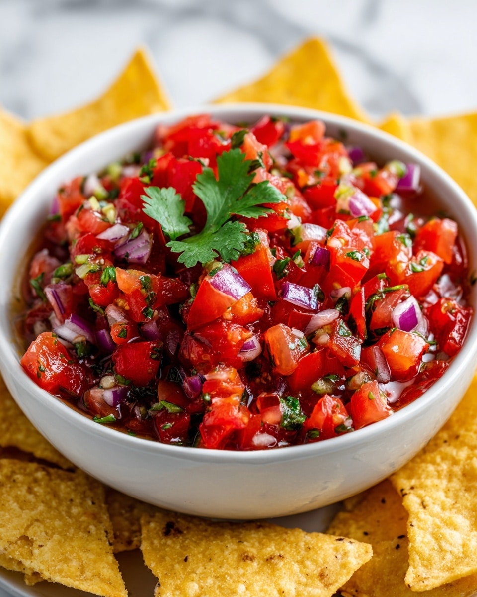 A close-up view of a white bowl filled with fresh salsa made of bright red diced tomatoes, small pieces of purple-red onion, chopped green herbs, and small green chili bits, all mixed in a slightly watery base. The salsa is garnished with several fresh green cilantro leaves on top. The bowl is surrounded by many yellow triangular corn chips, some of which are dipped slightly into the salsa. The setup is on a white marbled surface. photo taken with an iphone --ar 4:5 --v 7