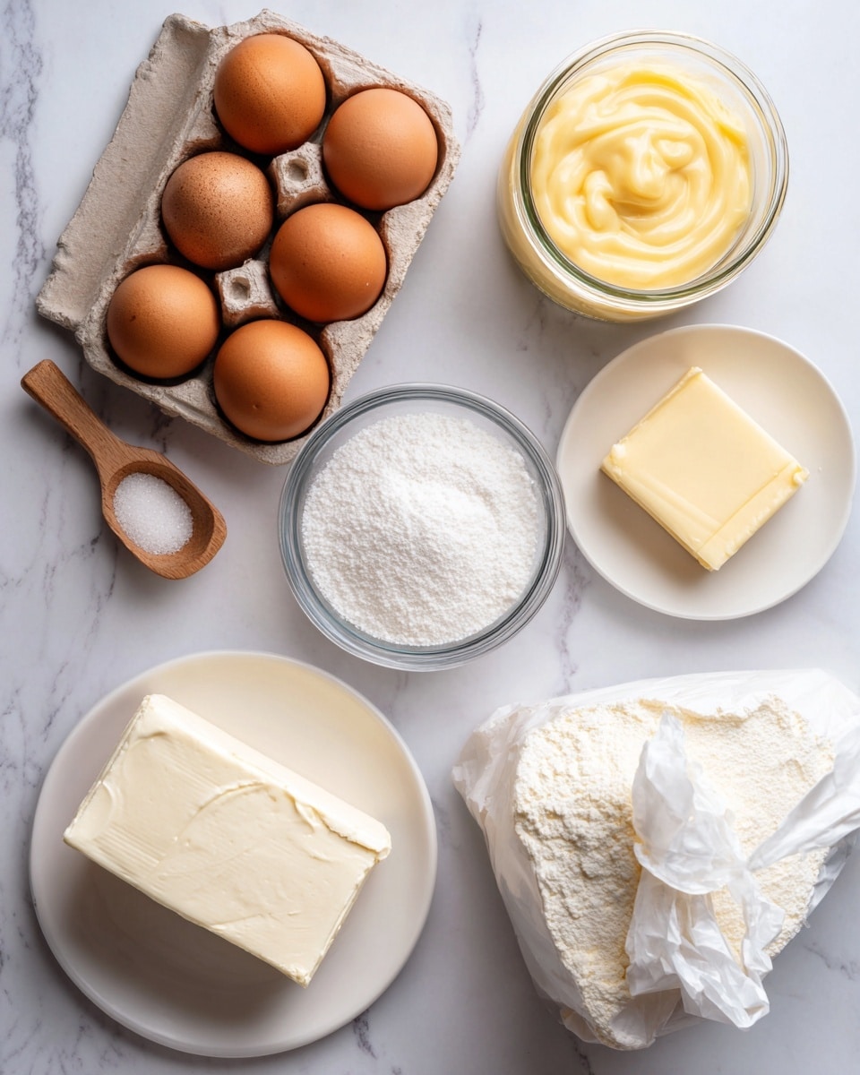 The image shows six brown eggs placed in a carton at the top left, a glass jar filled with light yellow lemon curd at the top right, and a small white plate with a rectangular piece of pale yellow butter beside it. Below the eggs is a small clear glass bowl containing white granulated sugar with a small wooden scoop on top. Toward the bottom left corner, there is a white plate holding a block of smooth, white cream cheese. On the bottom right side, there is a white bag of cake mix leaning diagonally. All items are arranged on a white marbled surface, with black handwritten style text labeling each ingredient and its quantity. Photo taken with an iphone --ar 4:5 --v 7