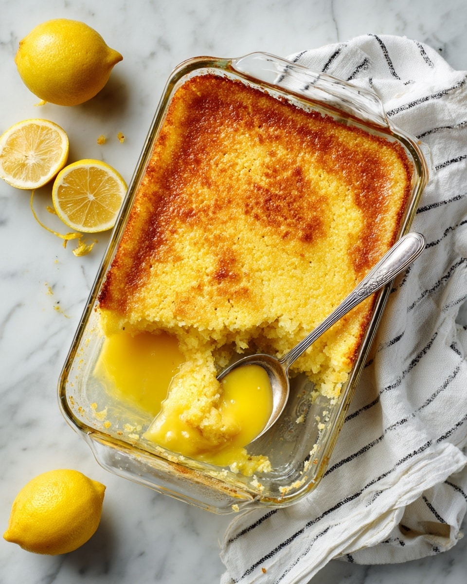 A glass baking dish holds a three-layer dessert placed on a white marbled surface. The top layer is golden brown and crumbly with a slightly cracked texture. Below that, a bright yellow citrus filling is visible where a scoop has been taken out from the bottom right corner, revealing a smooth and glossy texture. A large silver spoon rests inside the removed area, partially covered with the yellow filling. Around the dish, there are whole and halved lemons, plus a white cloth with thin black stripes. Photo taken with an iphone --ar 4:5 --v 7