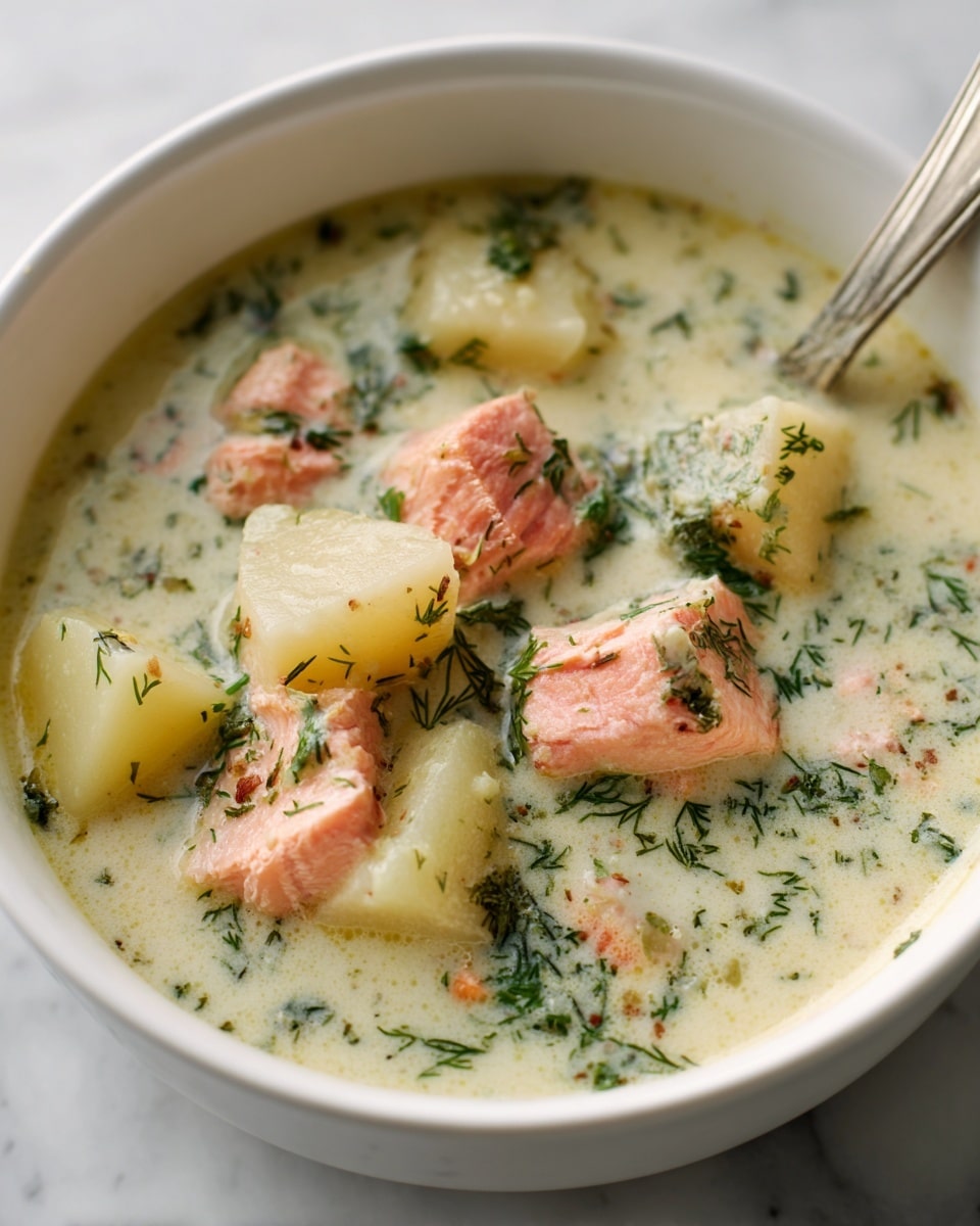The image shows a white bowl filled with creamy soup containing several layers. The top layer has soft, pink pieces of salmon with a flaky texture, scattered throughout the light cream-colored broth. Large, pale yellow potato cubes float among the fish chunks. The broth has small green herb flakes, mostly dill, spread over the surface, giving a fresh touch. The soup looks thick, smooth, and rich, with a subtle shine under the light. The bowl sits on a white marbled surface, enhancing the dish’s colors. photo taken with an iphone --ar 4:5 --v 7