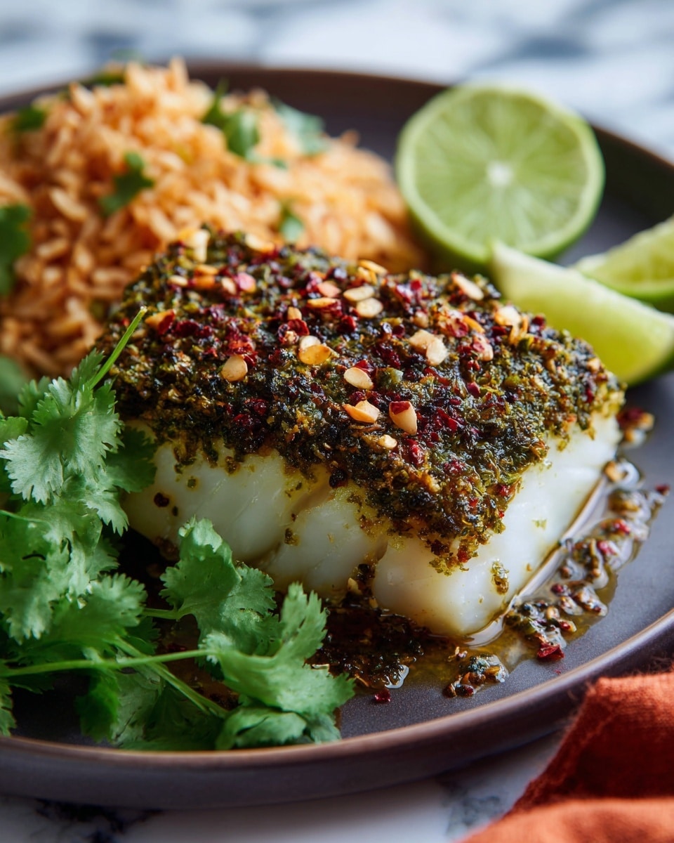 The image shows a thick piece of white fish cooked with a green herb and spice crust on top, giving it a textured surface with dark browned spots and sprinkled red and white seeds. The fish sits slightly off-center on a dark plate, with fresh bright green leafy cilantro in the foreground on the left side and thin lime slices behind the fish on the right. To the back left of the fish, there is a portion of seasoned rice mixed with herbs. The background consists of a white marbled surface and there is a small part of an orange cloth visible at the bottom right corner. photo taken with an iphone --ar 4:5 --v 7