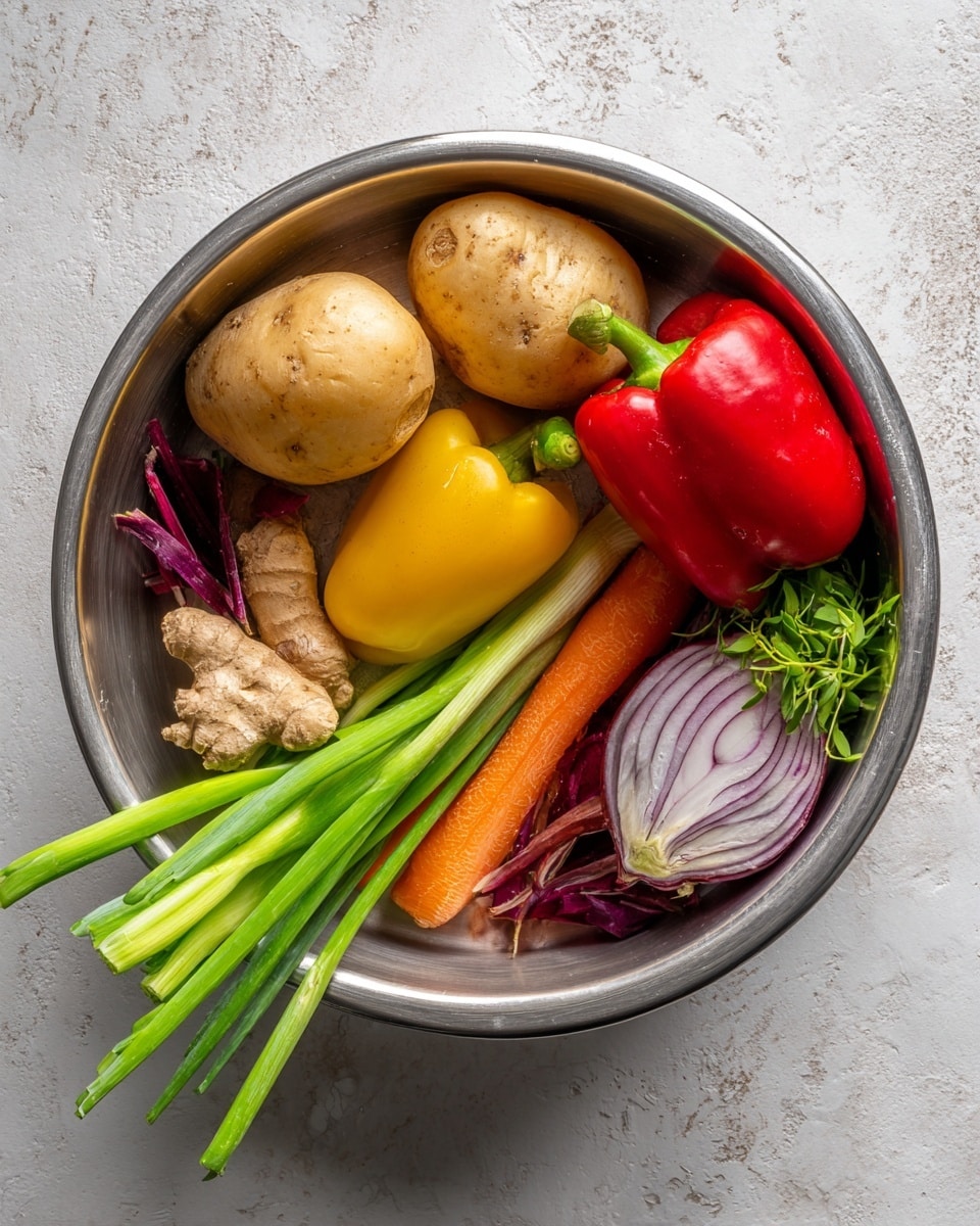 A shiny silver bowl sits on a white marbled surface, filled with fresh vegetables and herbs. Inside, there are two light brown potatoes with a slightly rough texture resting near a piece of pale ginger root with bumpy skin. A bright red bell pepper takes up one side, next to a small yellow-green pepper. A thick orange carrot lies underneath several long green onions with thin, taller green stalks, and a pale purple onion slice with a circular pattern is near some small green herb sprigs and purple petal pieces. The colors are vivid, and the textures vary from smooth and shiny to rough and fibrous. photo taken with an iphone --ar 4:5 --v 7