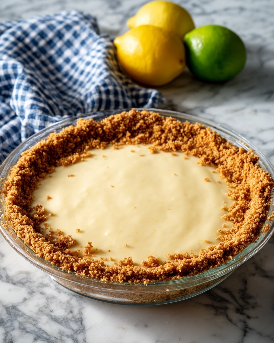 The image shows a clear glass pie dish with a thick, crumbly light brown crust pressed around the edges, forming a high, uneven border. Inside the crust, there is a smooth, creamy pale yellow filling spread evenly to the edges but not overflowing the crust. Behind the pie, a green lime and a bright yellow lemon rest on a white marbled surface, next to a blue and white checkered cloth. The lighting highlights the texture of the crust and the glossy surface of the filling. Photo taken with an iphone --ar 4:5 --v 7
