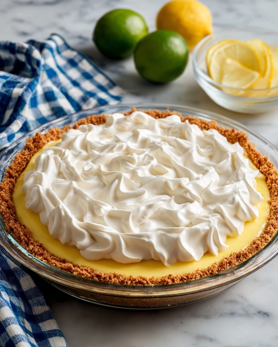 A single slice of pie is on a white plate with a crumbly, golden brown crust at the bottom and edges. The middle layer is smooth and a light yellow color, looking creamy. On the top, there is a thick, white layer of whipped cream spread evenly with some soft peaks. The background is a white marbled surface with a blue and white checkered cloth. Behind the plate, you can see part of a pie dish with more pie. photo taken with an iphone --ar 4:5 --v 7