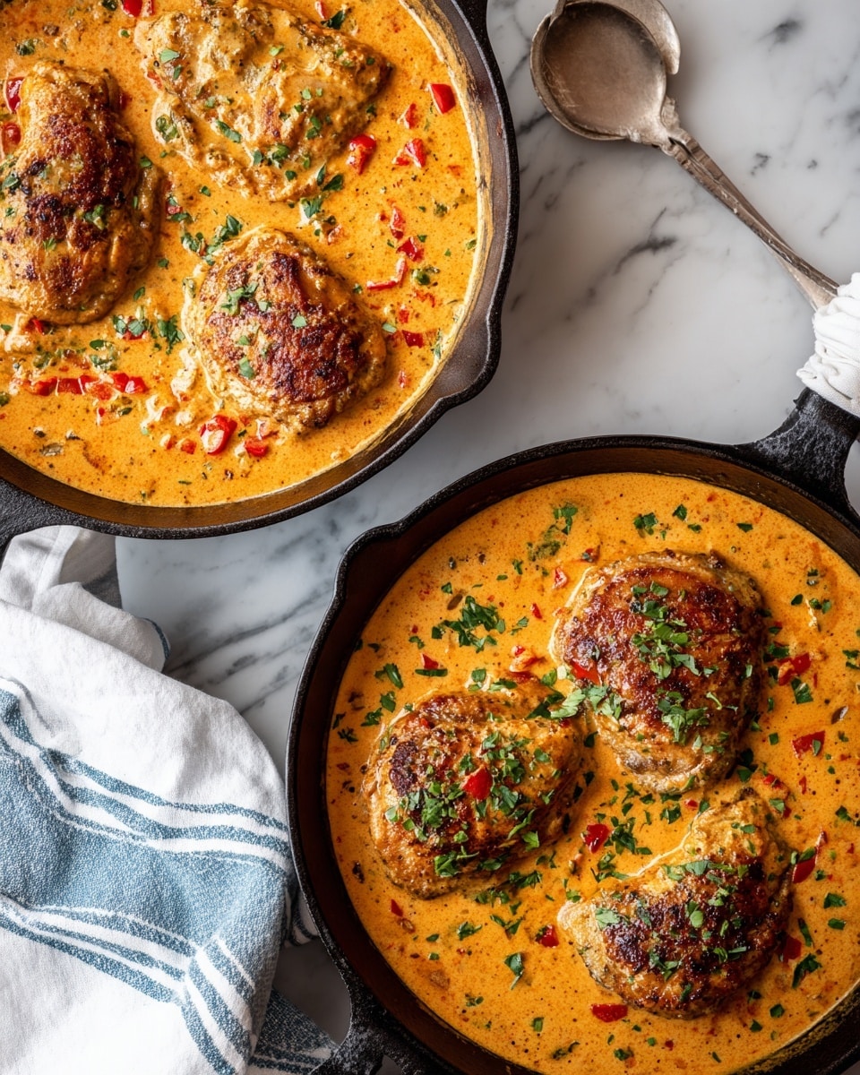 The image shows two black cast iron pans on a white marbled surface, each filled with a creamy orange sauce and four pieces of cooked chicken. In the left pan, the chicken pieces are browned and sitting on top of the thick, textured sauce that has small bits of red pepper. In the right pan, the chicken is covered with the sauce, which looks smoother and is sprinkled with chopped green herbs. A white and blue striped cloth is partly visible next to the right pan. Photo taken with an iphone --ar 4:5 --v 7