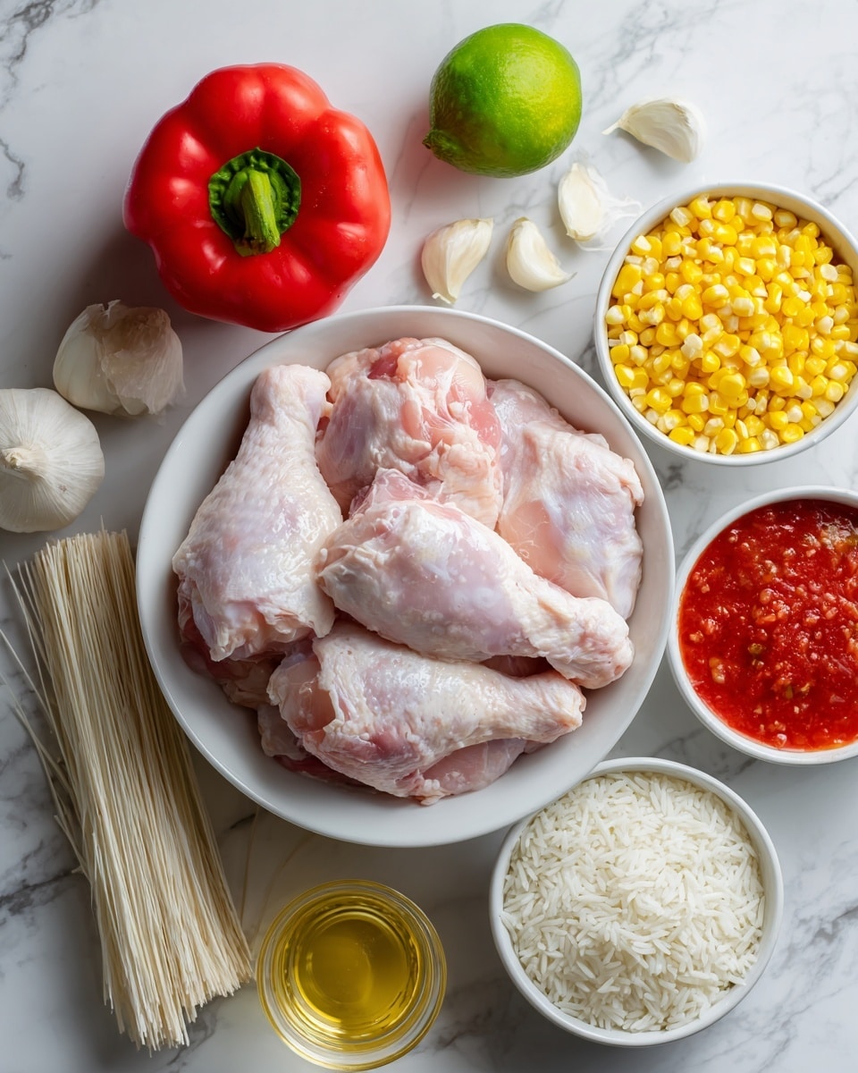 The image shows raw chicken pieces placed in the center of a white bowl. Surrounding the bowl are small white bowls filled with yellow corn kernels, white rice, and red tomato passata puree. There is a bundle of garlic and onion to the left, a red capsicum or bell pepper in the top center, and a green lime at the top right corner. A small glass container with golden liquid, likely chicken broth, is placed near the lime. All items are laid out on a white marbled surface. photo taken with an iphone --ar 4:5 --v 7