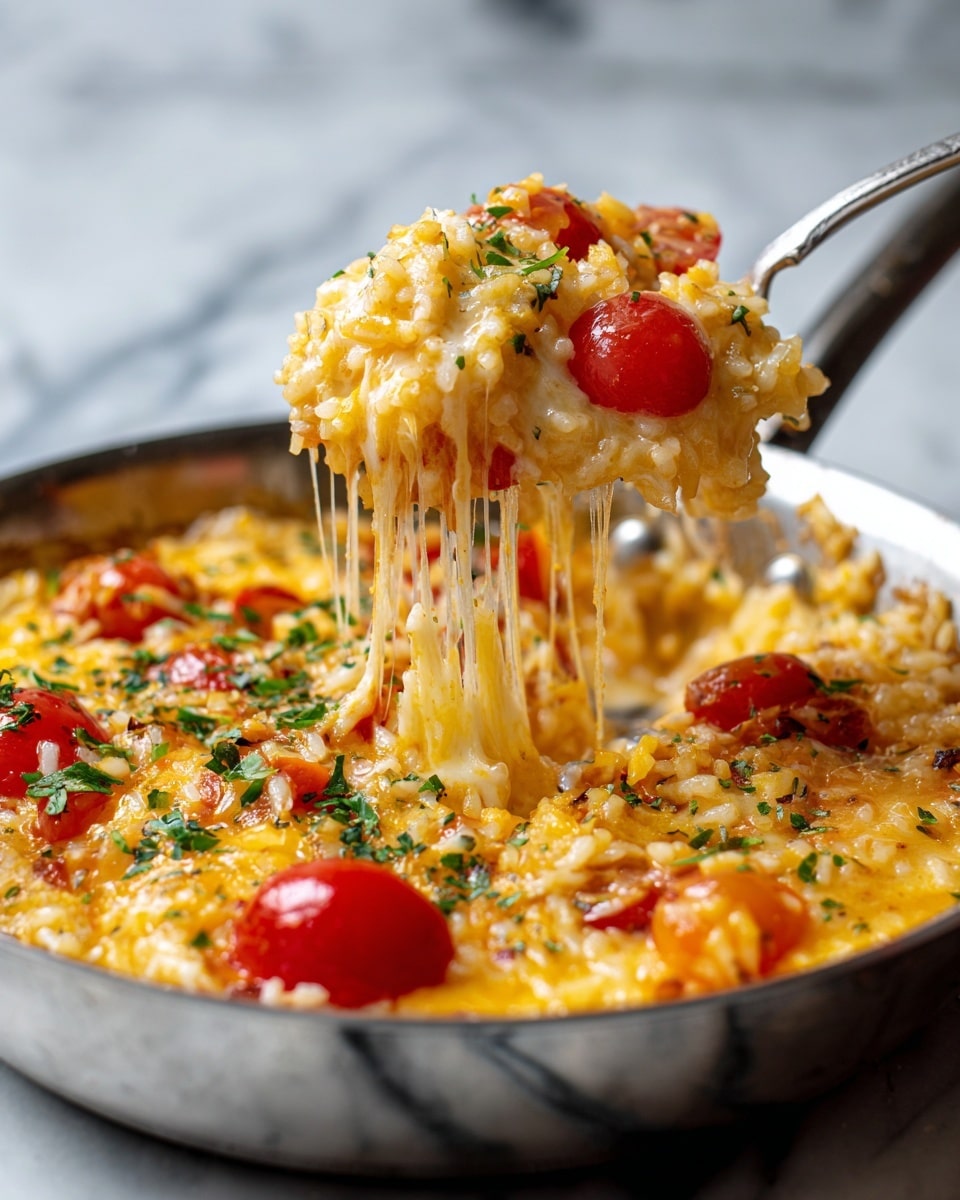 This image shows a close-up of a spoon lifting a cheesy rice dish from a silver pan on a white marbled surface. The dish has one main layer of orange-colored cooked rice mixed with melted yellow cheese that stretches as the spoon lifts it. Bright red and yellow cherry tomato halves are mixed throughout the rice, giving spots of color. Small pieces of green herbs are scattered on top, adding freshness. The texture appears creamy and soft, with steam visible, making it look warm and inviting. Photo taken with an iphone --ar 4:5 --v 7