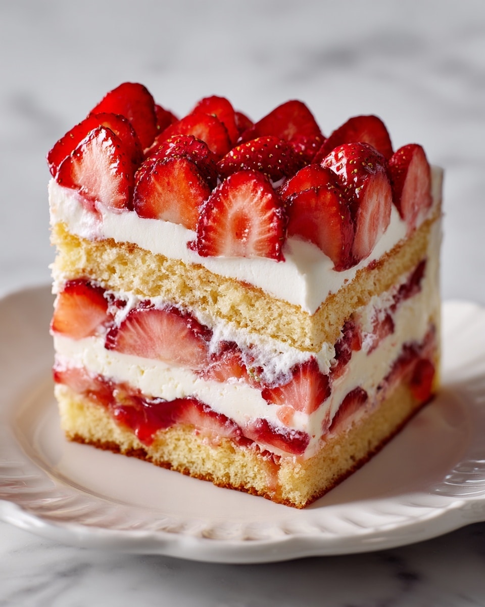 A slice of layered strawberry dessert sits on a white plate with a scalloped edge, placed on a white marbled surface. From the bottom, the first layer is a light brown sponge cake soaked with a red strawberry sauce, followed by a creamy white layer with pieces of strawberries mixed in. Above that is another sponge cake layer with some strawberry sauce seeping through. The next layer is thick white cream with bits of strawberries visible, topped with fresh thinly sliced bright red strawberries neatly arranged covering the whole surface. The overall texture looks soft and creamy with a contrast from the fresh strawberry slices. Photo taken with an iphone --ar 4:5 --v 7
