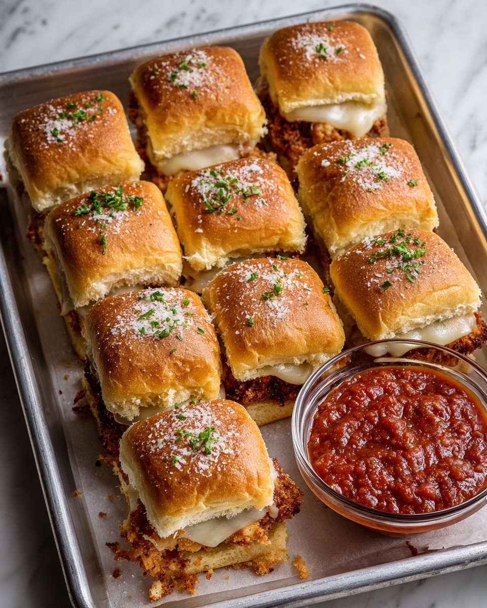 This image shows a silver baking tray lined with parchment paper holding eight square sandwich sliders arranged in two rows. Each slider has three visible layers: a soft golden-brown top bun sprinkled with chopped parsley and grated cheese, a white melted cheese middle layer, and a crunchy, crispy fried chicken base with a slightly rough texture. On the right side of the tray, there is a glass bowl filled with chunky red tomato sauce. The whole setup is on a white marbled surface. photo taken with an iphone --ar 4:5 --v 7