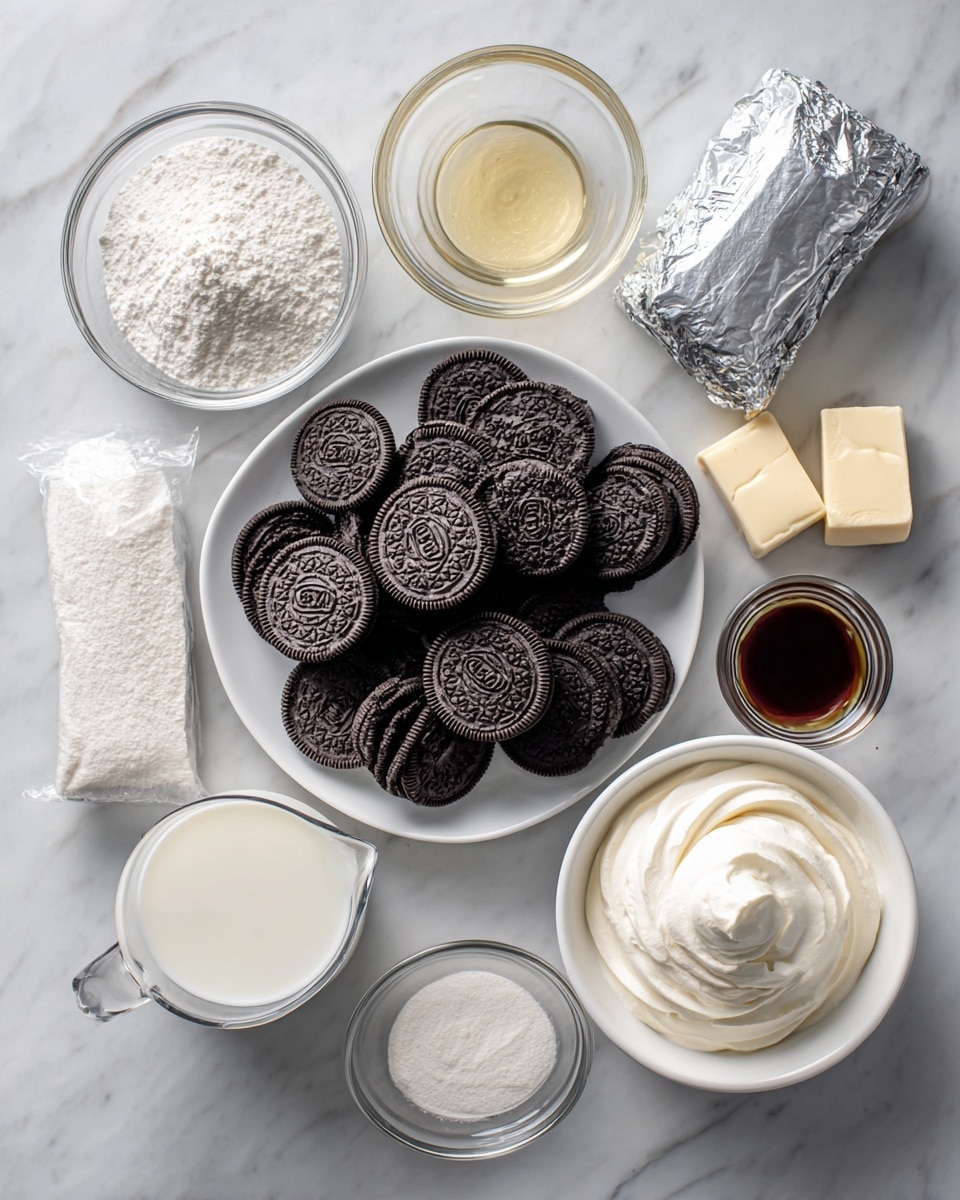 The image shows ingredients arranged neatly on a white marbled surface, all labeled. In the center, there is a white bowl shaped plate filled with Oreo cookies placed in a circle and some in the middle. Around it, there are smaller glass and white bowls and containers holding different ingredients: a clear bowl with shiny melted butter at the top, an open silver foil packet with creamy white cream cheese on the upper right, a small glass bowl with dark amber vanilla extract below the butter, a white bowl with smooth white Cool Whip on the lower right, a clear measuring cup filled with white milk on the lower left, a small paper bag with instant chocolate powder beside it, and a clear bowl filled with powdered sugar near the top left. Everything is displayed with clear contrasting colors of dark cookies and white or light ingredients. Photo taken with an iphone --ar 4:5 --v 7