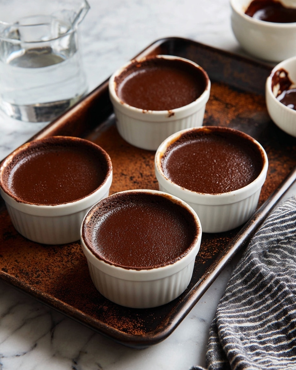 The image shows four small white ramekins filled almost to the top with smooth, dark brown chocolate batter. They are placed inside a well-worn black baking tray with a brownish, rusty texture on its surface. The tray sits on a white marbled countertop, and in the corners of the image, parts of a clear glass jug with water and a white bowl with chocolate smears are visible. A black-and-white striped cloth peeks from the bottom right. The photo taken with an iphone --ar 4:5 --v 7