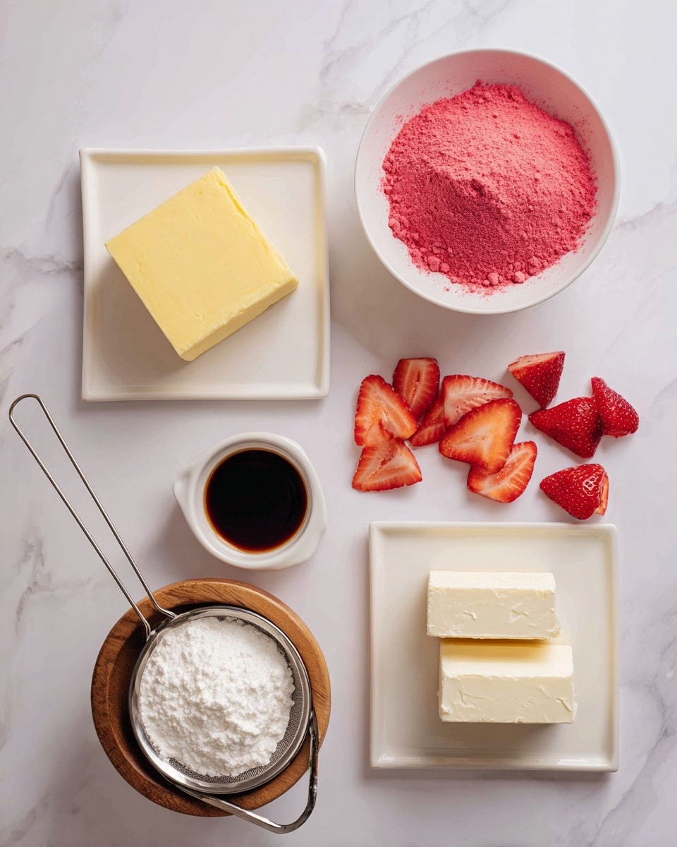 The image shows six ingredients arranged on a white marbled surface. At the top right, a white bowl holds bright pink freeze-dried strawberry powder with some whole and sliced strawberry pieces spilled next to it. To the left, a square white plate has a pale yellow block of butter. Below the butter, a small white cup contains dark brown vanilla extract. In the center right, a white plate holds two blocks of white cream cheese. In the bottom left corner, a wooden bowl filled with white powdered sugar is topped with a metal sieve. The ingredients are labeled with bold black text to show their amounts. Photo taken with an iphone --ar 4:5 --v 7