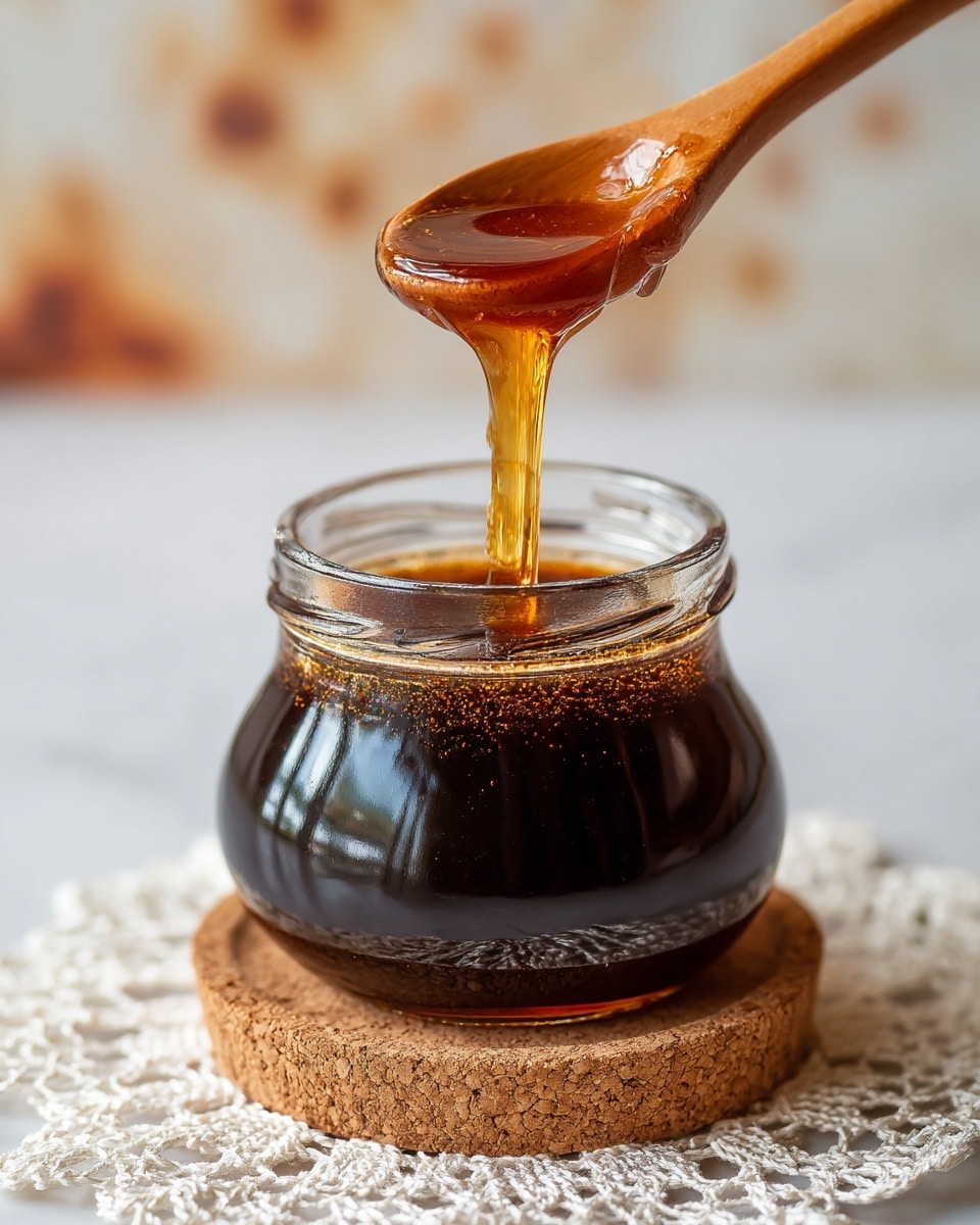 A close-up image of a small glass jar filled with dark brown syrup, sitting on a light brown cork coaster. Above the jar, a wooden spoon is tilted, with golden amber syrup slowly dripping down from it into the jar. The background shows blurred shapes in soft warm tones. The scene is placed on a white marbled surface with a white lace doily partially visible underneath the coaster. photo taken with an iphone --ar 4:5 --v 7
