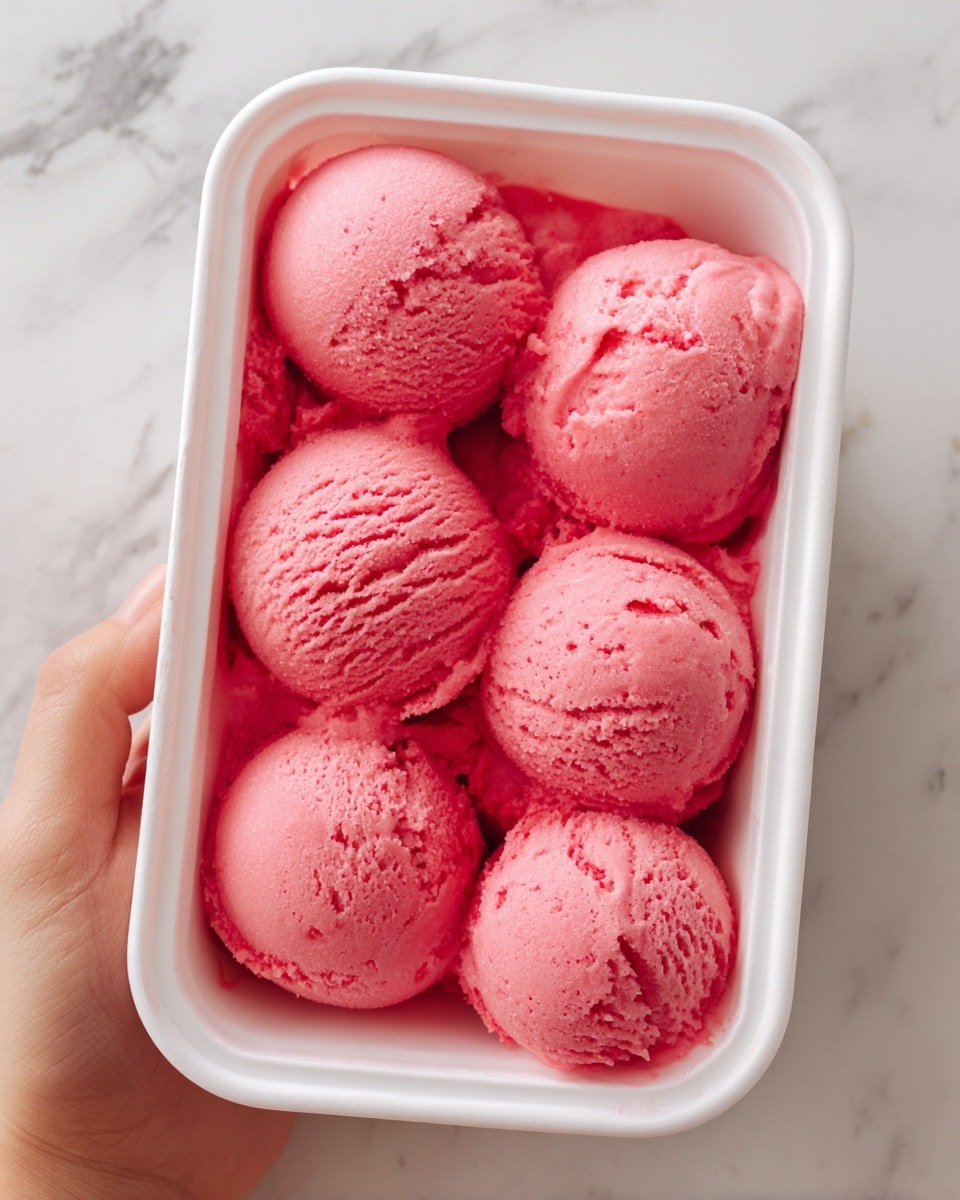 A white plastic container filled with six smooth, round scoops of bright pink ice cream. The ice cream has a creamy texture and slight shine, with some small, soft folds where the scoops meet. A woman's hand holds the container from the side. The surface beneath is white marbled texture. photo taken with an iphone --ar 4:5 --v 7