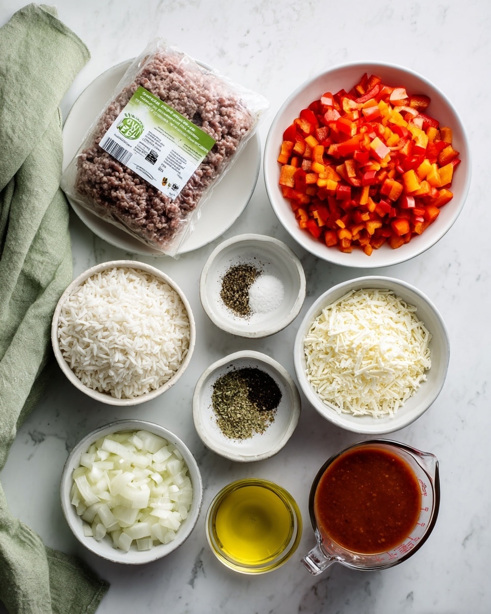 A top view image shows ingredients arranged neatly on a white marbled surface. There are nine white bowls and plates with different contents: one plate holds a package of raw ground beef wrapped in plastic with a green and white label; one large bowl filled with finely chopped red and orange bell peppers side by side; one bowl contains white rice grains; another bowl has white crumbled mozzarella cheese; a small bowl filled with chopped white onion and bits of garlic; a white bowl with a mix of dried herbs and spices, including salt and black pepper; a small bowl of yellow olive oil; a round bowl with bright red tomato sauce; and a clear glass measuring cup filled with brownish beef broth. A light green cloth napkin is partially visible on the left side. photo taken with an iphone --ar 4:5 --v 7