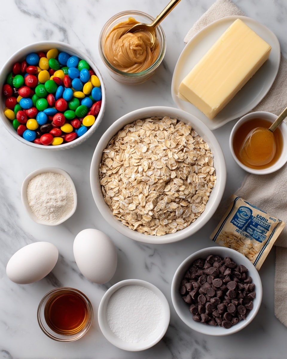 The image shows a top view of the ingredients for making cookies arranged neatly on a white marbled surface. Central is a white bowl filled with beige quick cook oats with a blue and beige oat package slightly placed underneath on the right. Above it on the left is a white bowl full of colorful M&Ms in red, green, yellow, orange, blue, and brown. Below the oats are two white eggs beside a small white bowl with a pale yellow slab of salted butter. To the right of the eggs is a small white bowl containing a dark amber liquid vanilla extract, next to it is a tiny white bowl of white baking soda, and above is a white bowl full of mini chocolate chips that are dark brown. At the top left sits a glass cup filled with creamy peanut butter beside a golden scoop of light brown sugar. The ingredients are spread evenly with some extra bits of M&Ms and chocolate chips scattered around. A woman’s hand holding a golden spoon partially appears on the left side. photo taken with an iphone --ar 4:5 --v 7