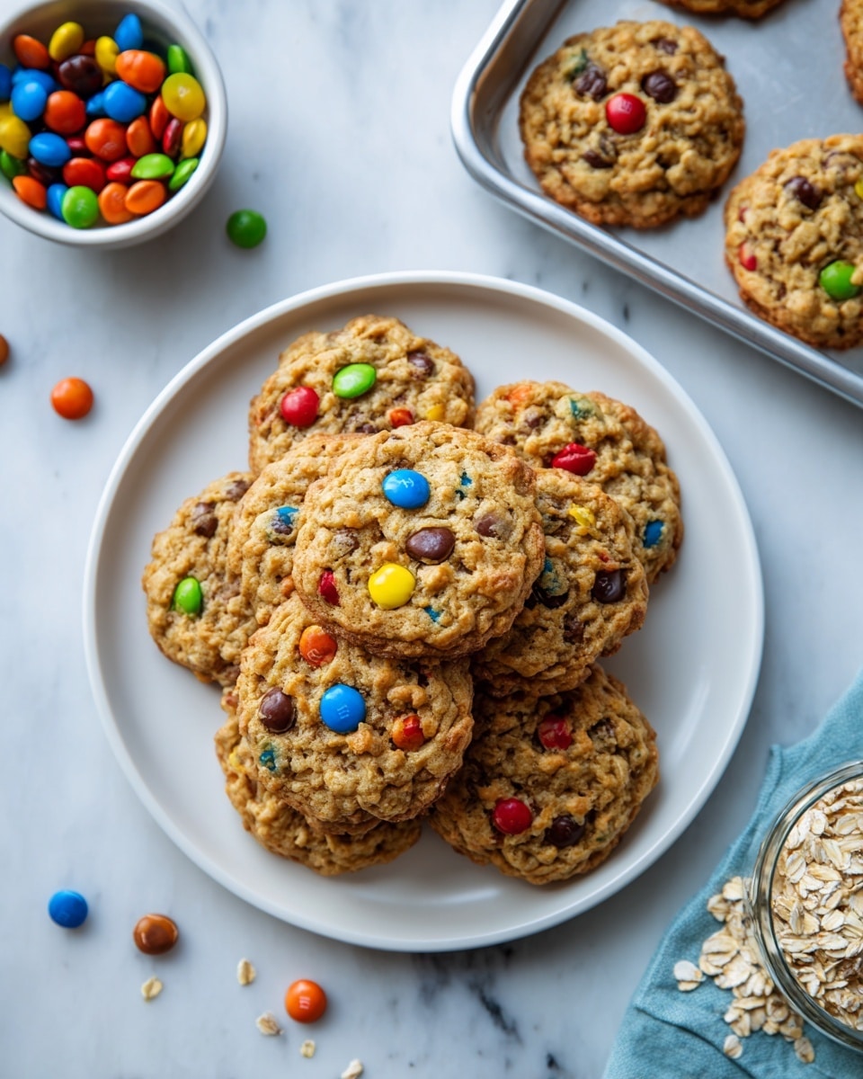 A round white plate holds a stack of about nine oatmeal cookies mixed with colorful candy-coated chocolates, visible in red, yellow, green, orange, and blue, slightly rough in texture with bits of oats showing. Each cookie has a golden-brown color with some candy pieces protruding on the top surface, giving a bumpy look. To the top right, a silver baking tray contains three more similar cookies, and scattered around on a white marbled surface are a few loose candy pieces and oats. On the bottom left, there is a small white bowl filled with the same colorful candy-coated chocolates. On the bottom right, a light blue bag of rolled oats lies partially open, showing part of the label. The image is bright and clear, photo taken with an iphone --ar 4:5 --v 7