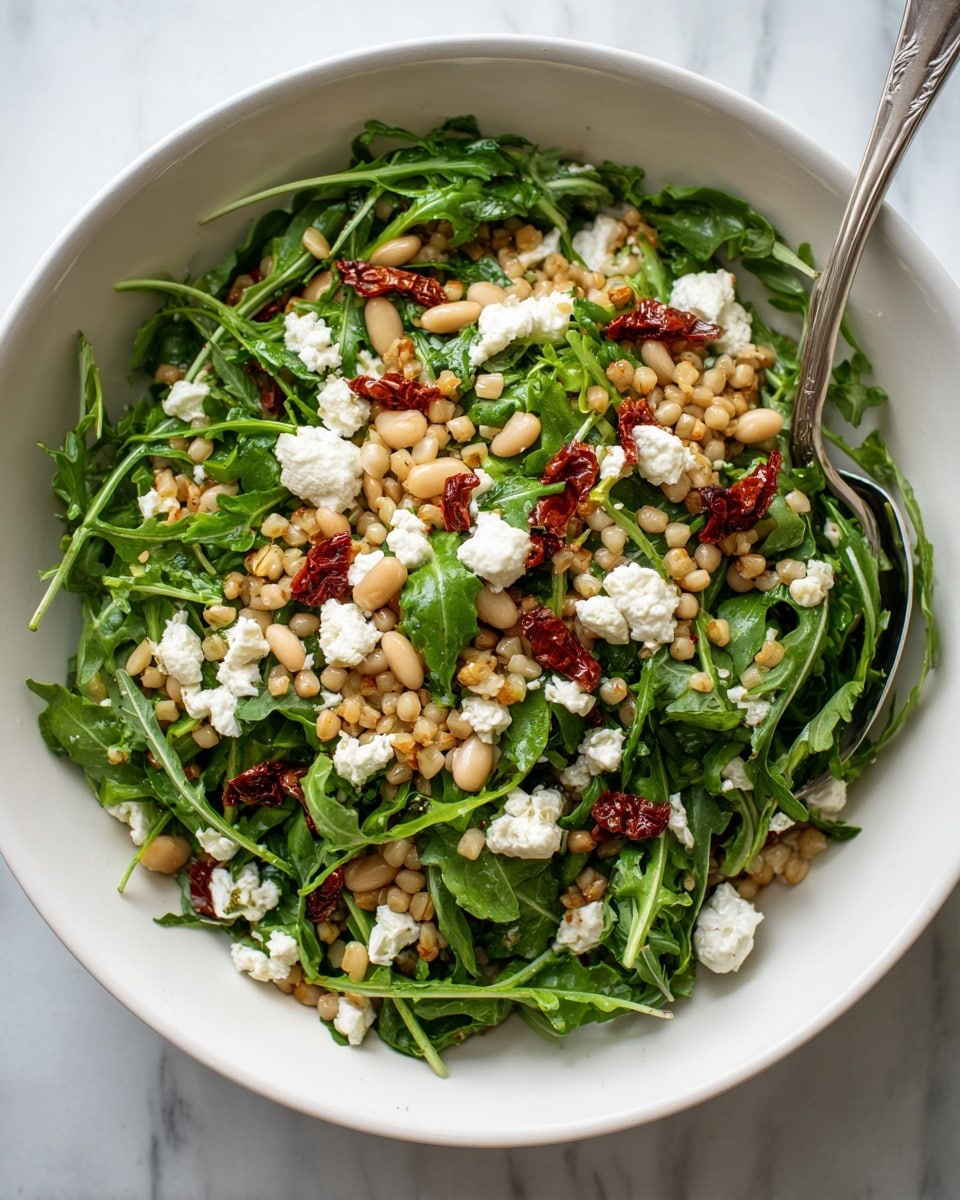 The image shows a white bowl filled with a fresh salad. The salad has a base layer of bright green arugula leaves spread evenly throughout. Mixed in are small white beans scattered across the greens. There are also light brown cooked grains layered throughout, adding texture. On top, small white cheese balls and bits of red dried tomatoes are placed, adding pops of color. A silver spoon is partially visible inside the bowl, resting in the salad. The bowl is set on a white marbled surface. photo taken with an iphone --ar 4:5 --v 7