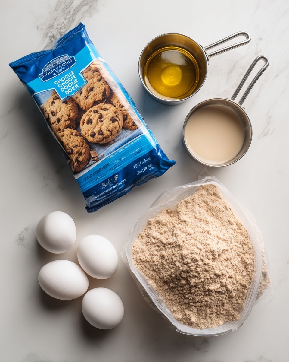 The image shows a white marbled surface with five baking ingredients arranged neatly. At the top left is a blue package of chocolate chip cookie dough with pictures of cookies on it. To the right, there are two metal measuring cups, the top one filled with yellow oil and the one below holding a light beige liquid labeled as water or milk. At the bottom left, there are two white eggs placed close together. Next to the eggs on the right side, there is a clear plastic bag filled with a light brown powder labeled as brownie mix. The items are spaced evenly, showing a clean and simple baking setup. photo taken with an iphone --ar 4:5 --v 7